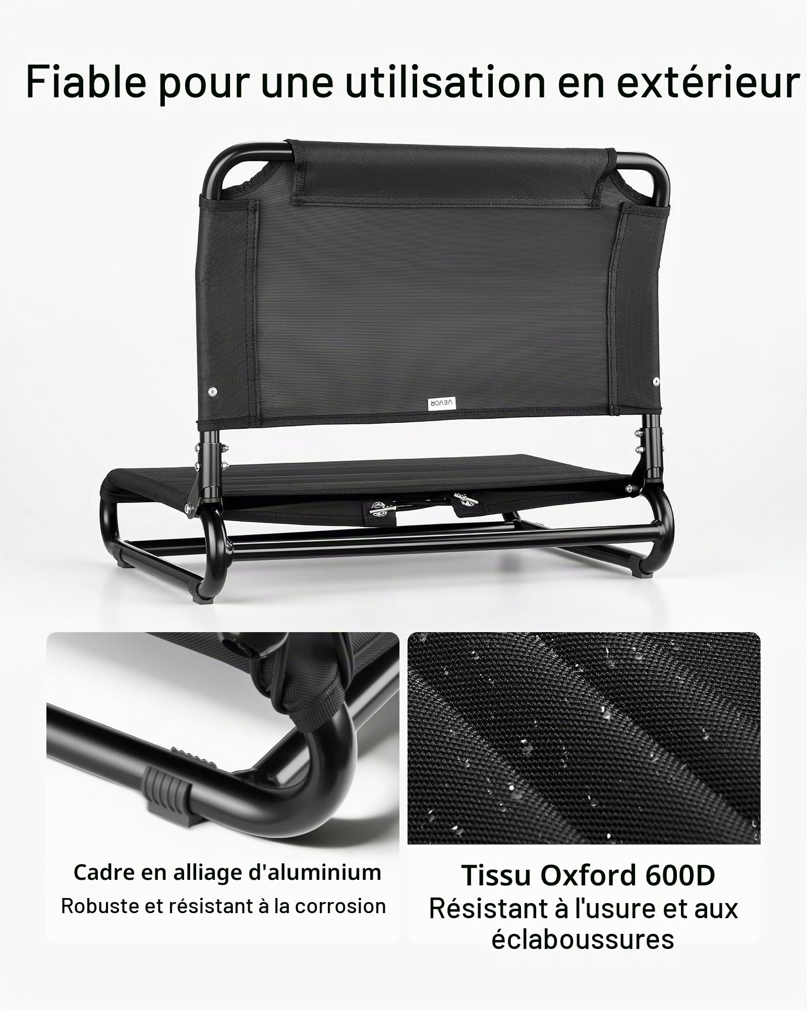 VEVOR Siège de Kayak Pliable avec Dossier, Dosseret SUP Pliable, Cadre en Alliage d'Aluminium et Tissu Oxford 600D, pour Paddle, Planche à Pagaie, Canoë Gonflable, Pêche, Kayak de Loisirs, Noir