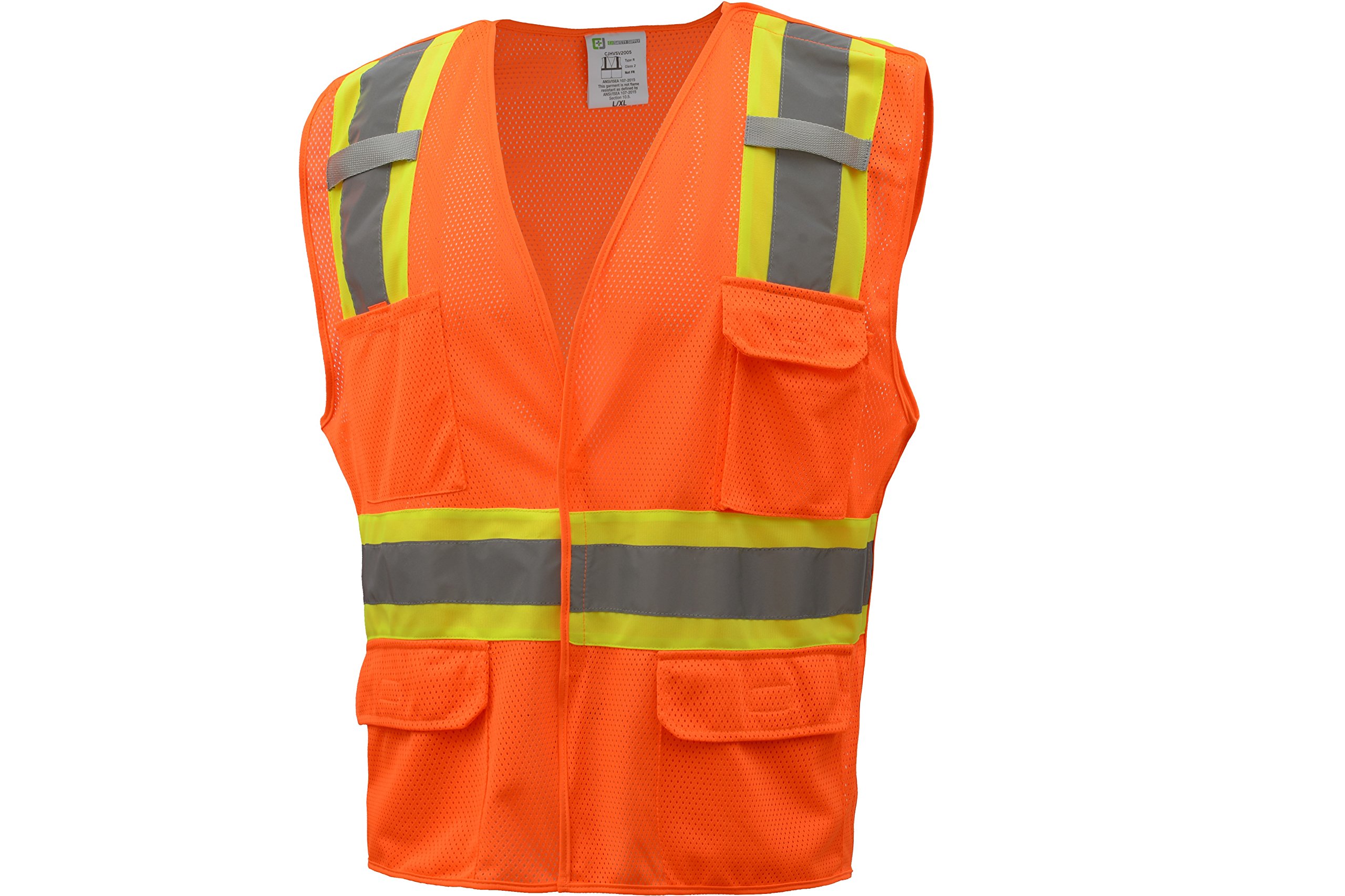 CJ Safety CJHVSV2005 ANSI Class 2 High Visibility Two Tone 5-Points Breakaway Safety Vest 100% Polyester Mesh (4XL, Orange)