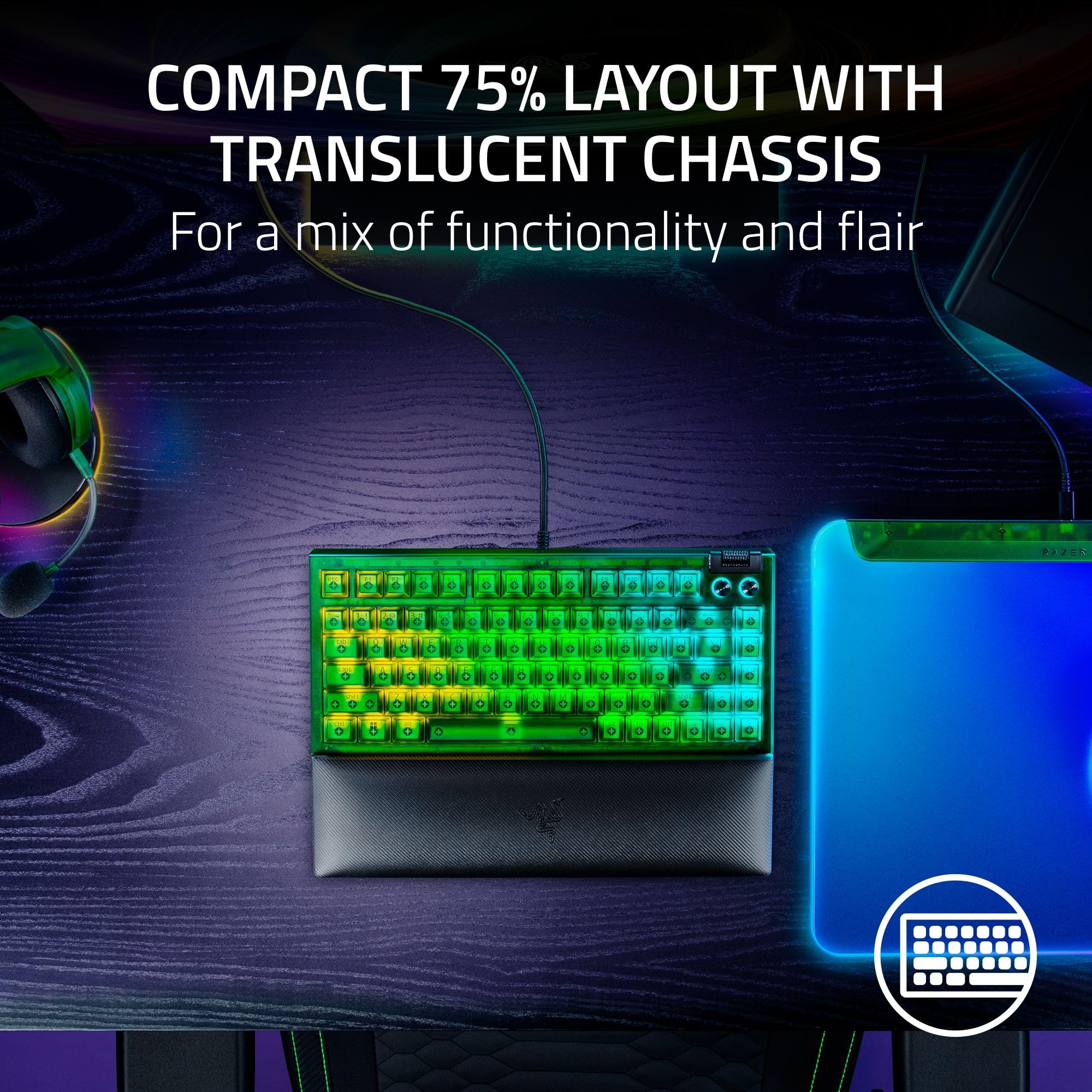 Razer BlackWidow V4 - Tastiera meccanica da gioco 75%, design hot-swap, compatta e resistente, interruttori tattili arancioni, Chroma RGB, MF Roller e tasti multimediali, comodo poggiapolsi, verde