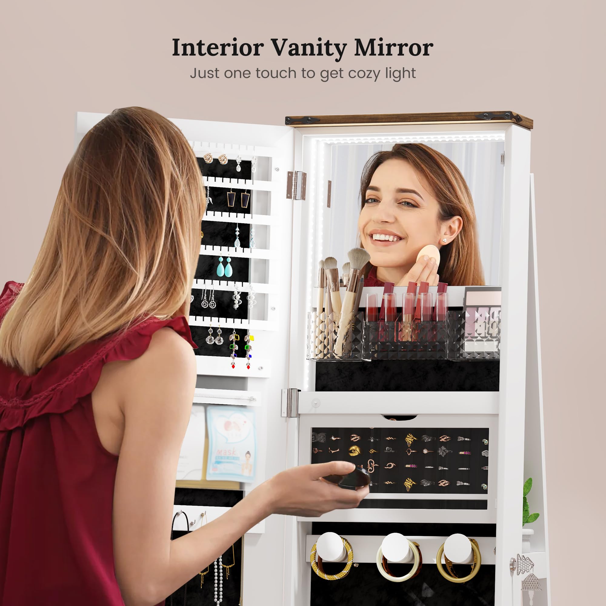 LVSOMT LED Mirror Jewelry Cabinet Standing, 360°Swivel Jewelry Armoire with Full Length Mirror, Mirror with Jewelry Storage and Large Wooden Drawer for Christmas Gifts (): Farmhouse White