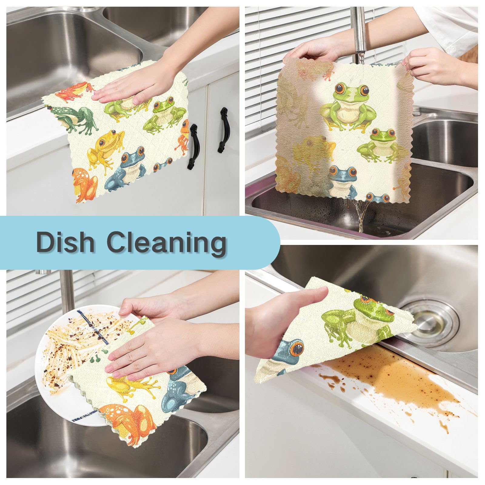 ALAZA Swedish Dish Cloths Frog Forest Animals Color Kitchen Dishcloths 6 Pieces Reusable Absorbent Cleaning Cloths Quick Drying Washable Dish Towels Cellulose Sponge Cleaning Wipes