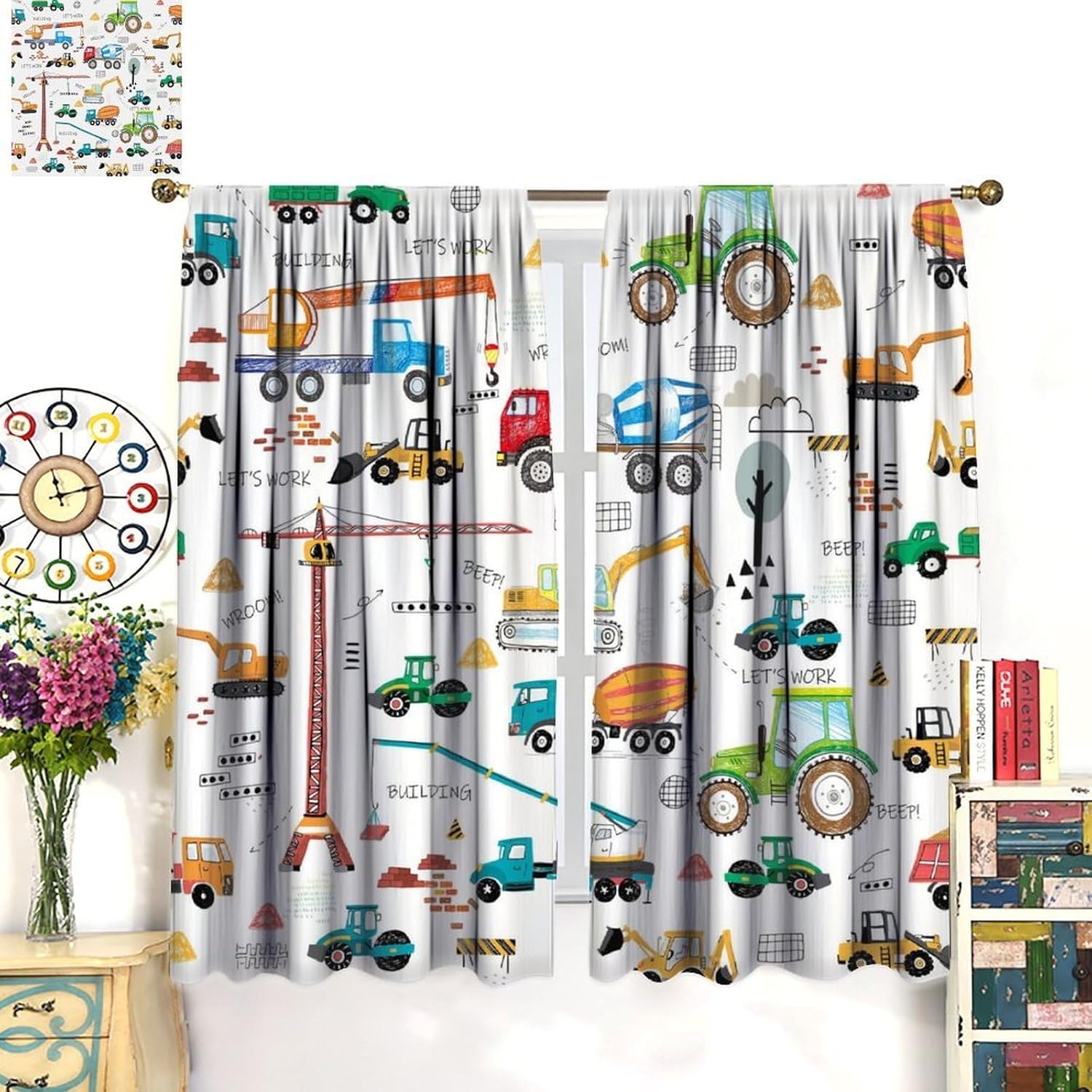 Excavator Blackout Window Curtain, Cartoon Tractor Machinery Trucks Window Treatment Curtain for Kids Boys Bedroom Living Room Nursery 42" W X 45" L