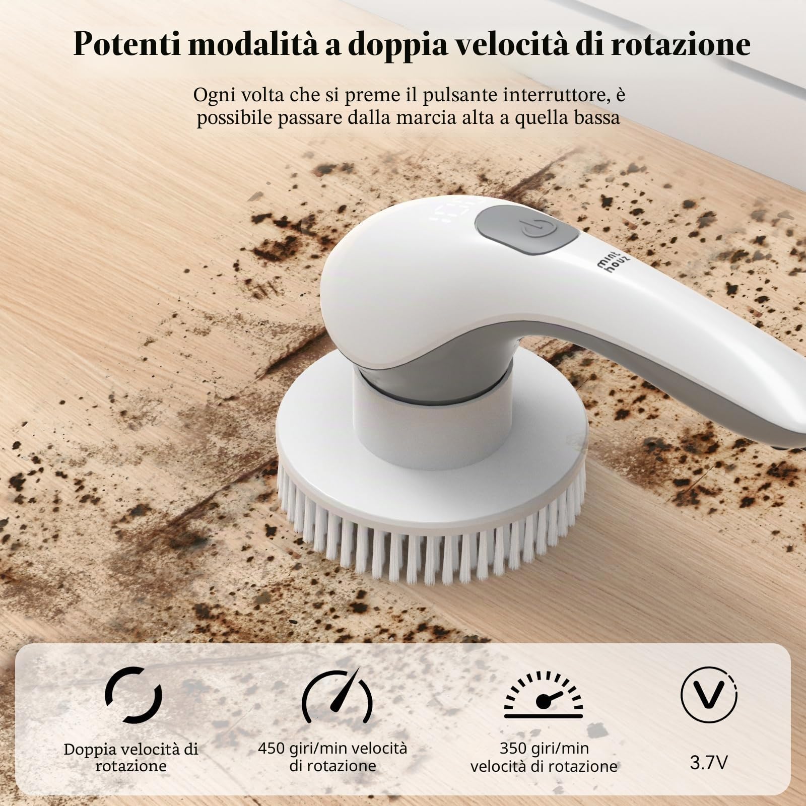 Minthouz Spazzola Rotante Pulizia Casa, Spazzola Elettrica per Pulizia con 6 Testine Sostituibili Spazzola Pulizia Doccia 2 Velocità Ricaricabile Spazzola per Pulire Doccia per Bagno, Cucina