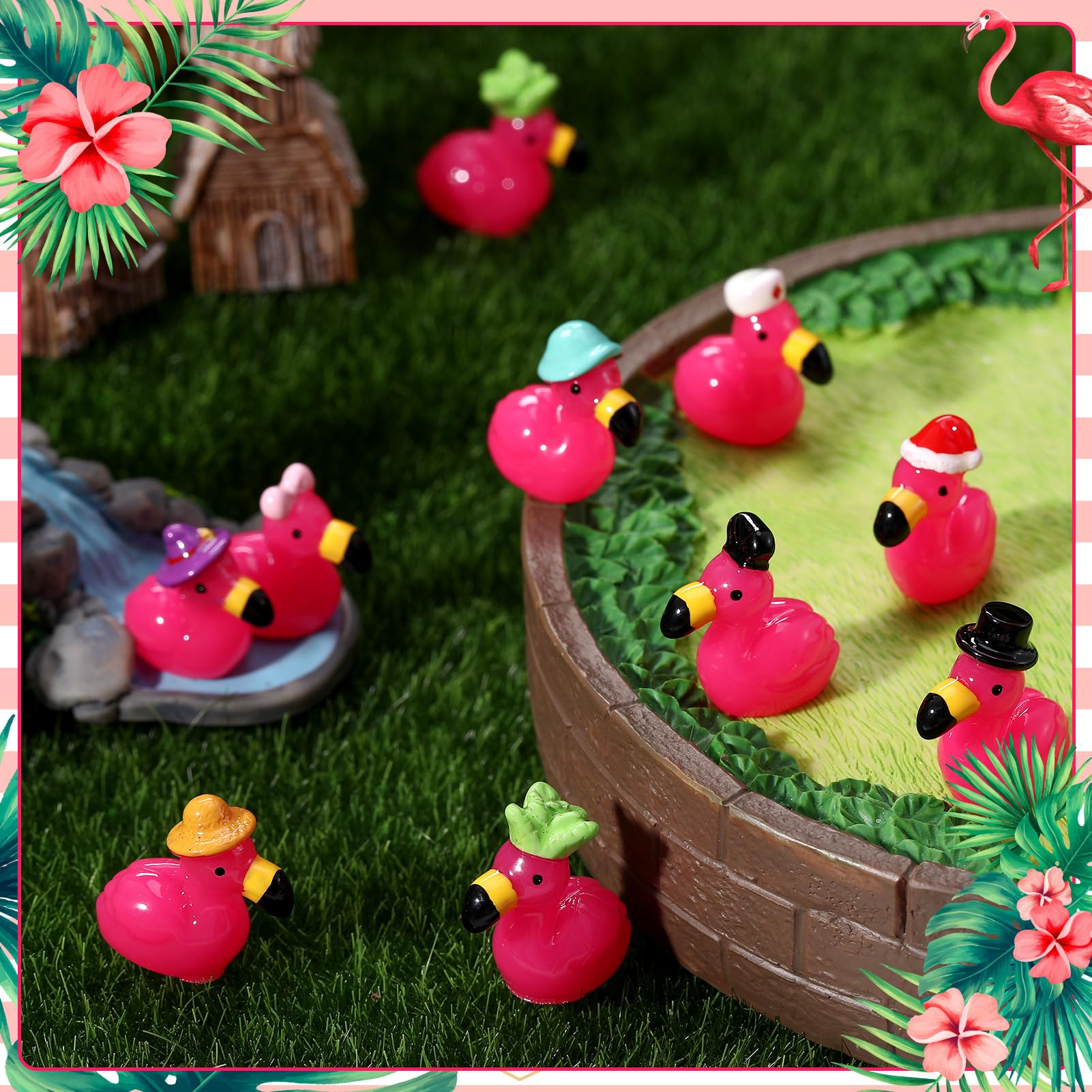 GSrenyu 48 Pcs Mini Flamingos 14 Styles Tiny Flamingos Cute Mini Resin Animals Flamingo Figurine Tiny Resin Animals for Garden Micro Landscape Dollhouse Home Office Party Cake Decor (Deep Pink) - Image 4
