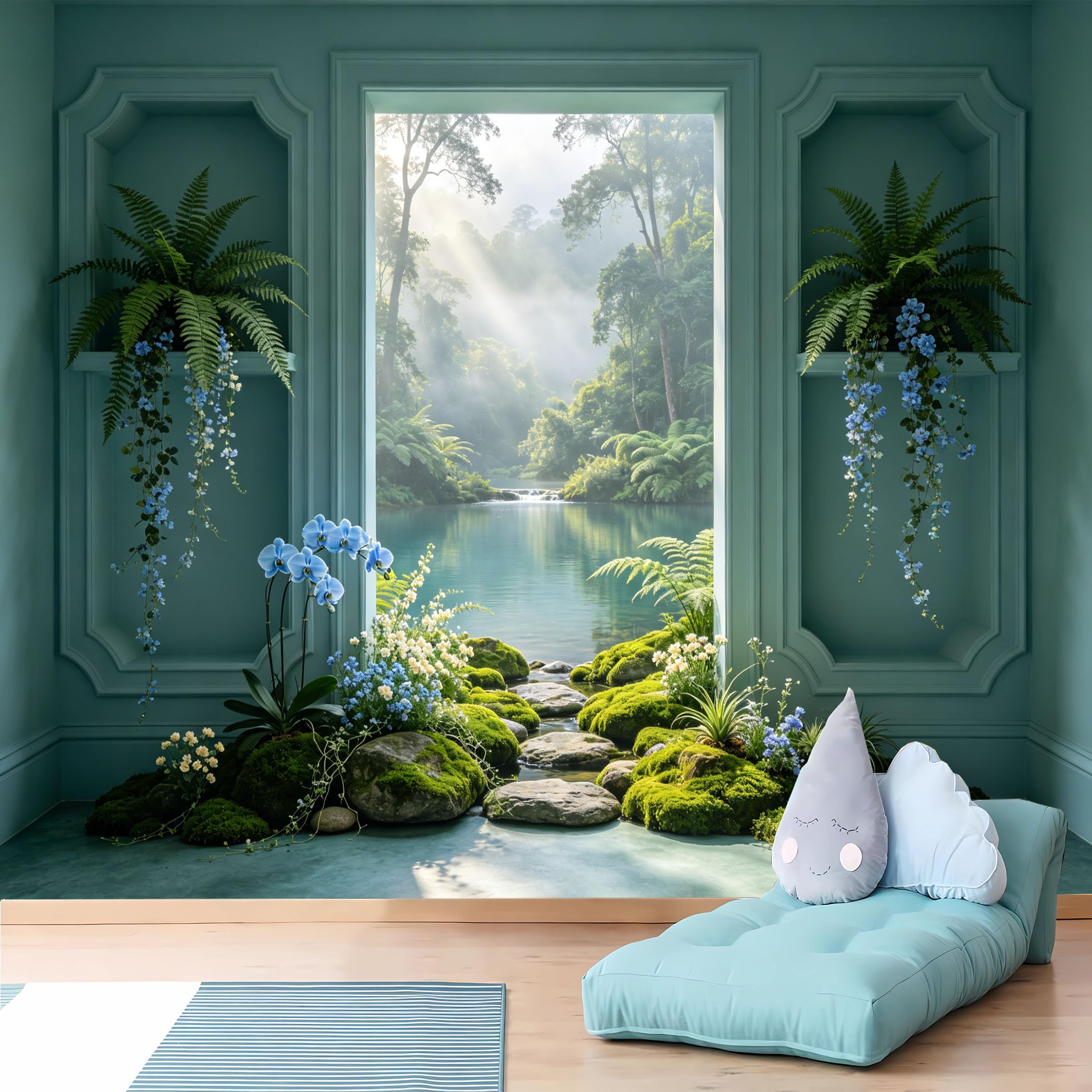 Custom Size Wall Murals 3D Teal Niche with Misty Forest Lake and Orchids Wall Murals Large Photo Wallpaper Self-Adhesive Wall Fabric (NO PVC) Removable Wallpaper