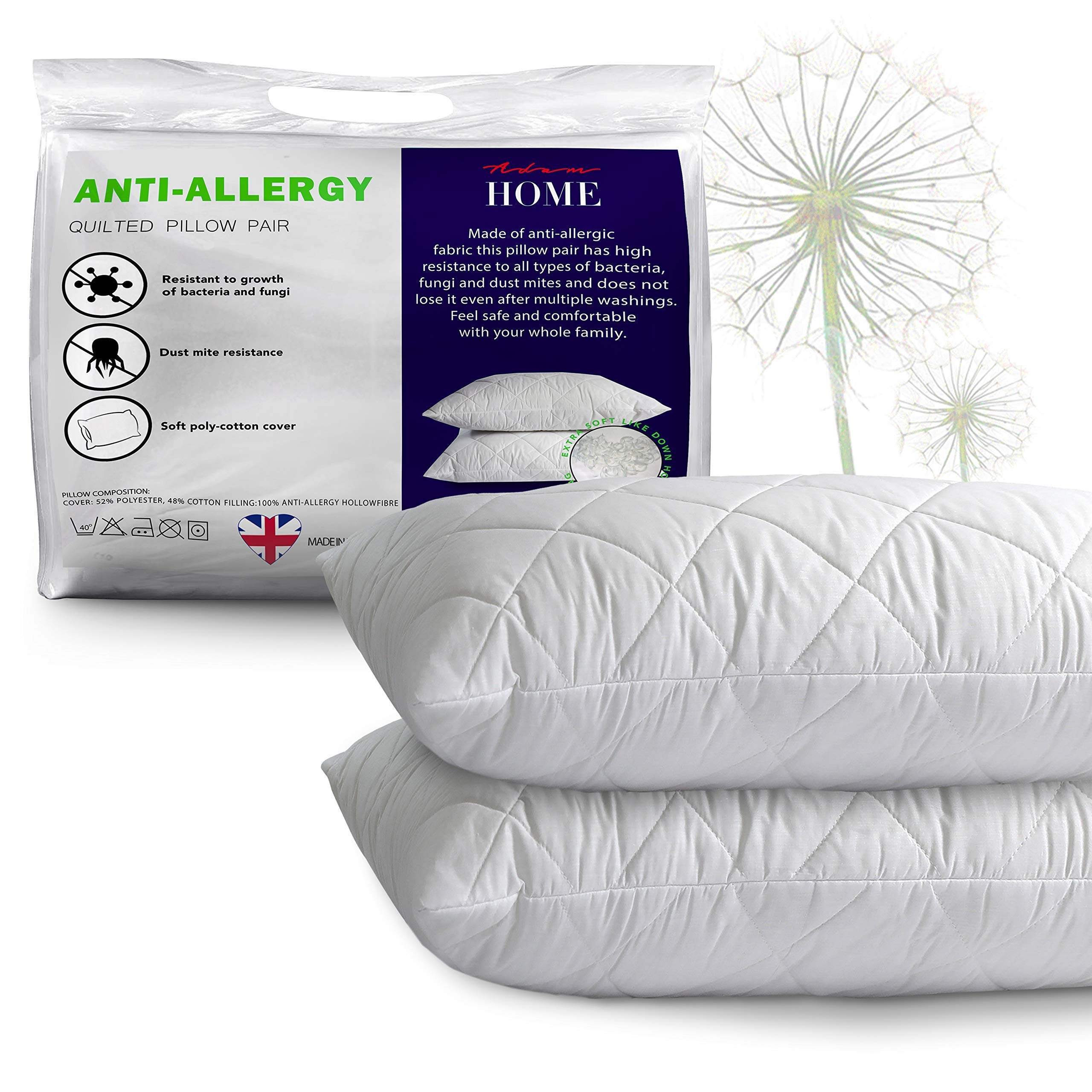 Adam Home Pillows 2 Pack Hotel Quality with Quilted Cover Hypoallergenic & Dust Mite Resistant Filling – Ideal for Stomach, Back and Side Sleepers Down Alternative Hotel Pillows