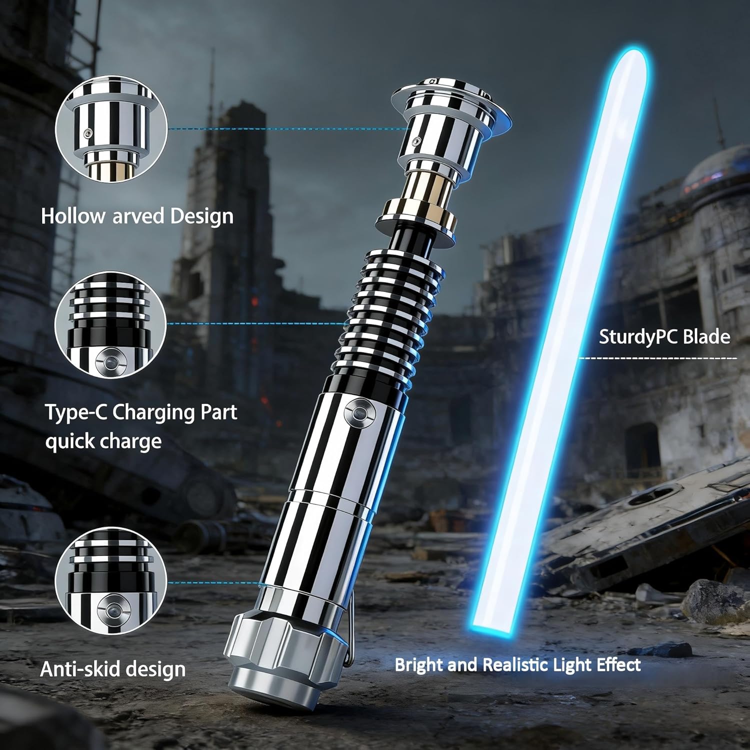 Smooth Swing Dueling Lightsaber, Metal Hilt RGB FX Saber, Motion Control, 16 Sound Fonts 16 Colors, APP Control, Rechargeable Lightsaber for Cosplay Halloween Christmas (Silver Handle)
