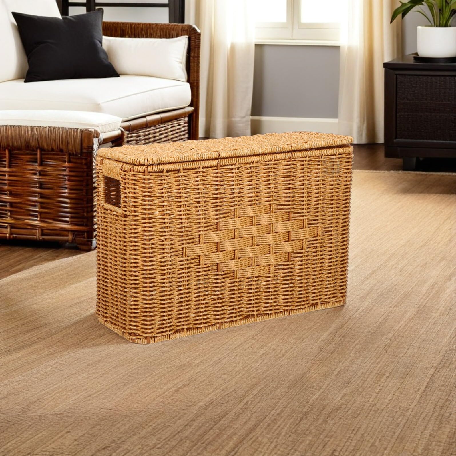 Rechteckiger Aufbewahrungskorb aus Imitationsrattan Schmal und Hoch mit Deckel Handgeflochtener Organizer für Küche Bad und Schreibtisch 37,8 X 26,4 X 14,9cm