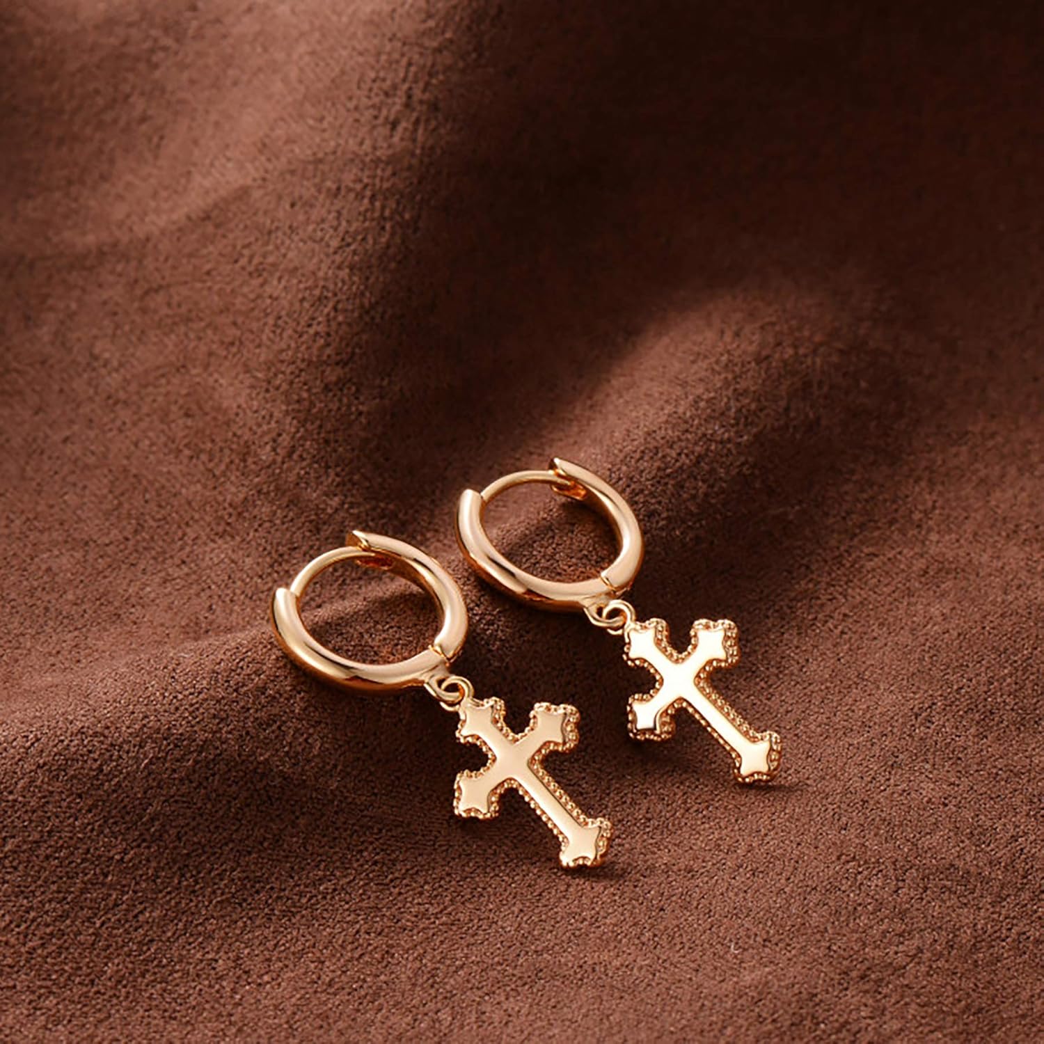 DREMMY STUDIOS Dainty Gold Dangle Earrings 14K Gold Plated Simple Cute Ankh Cross Hoop Huggie Earring Jewelry for Women - Image 7