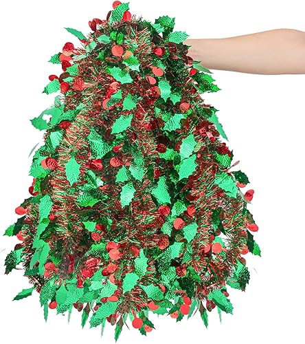 Guirnalda de oropel de Navidad de 33 pies, guirnalda de oropel metálico rojo y verde con bayas y hojas, decoración colgante de Navidad para árbol de