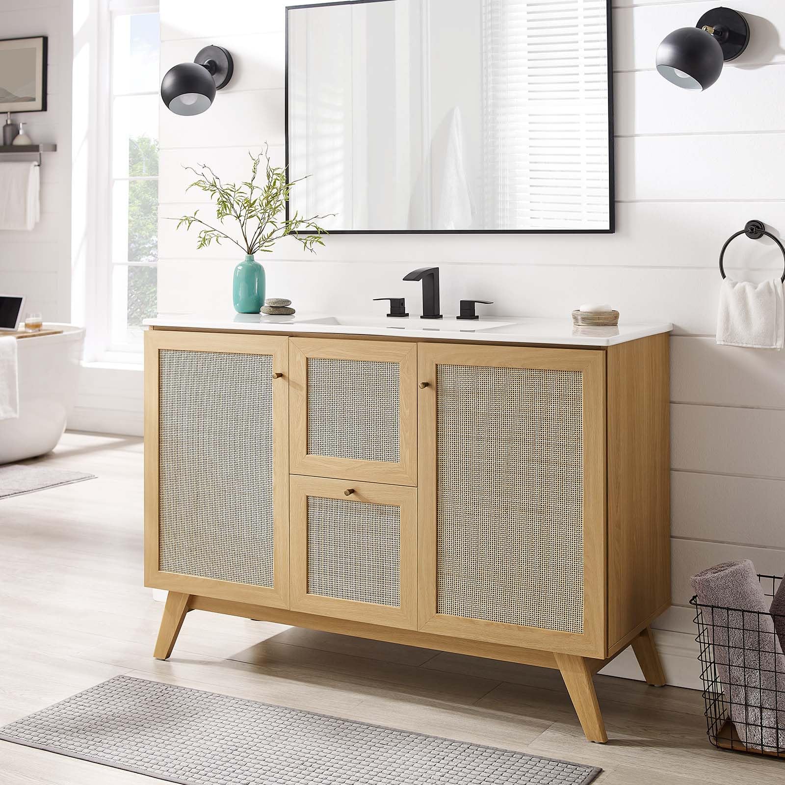 Modway Soma Rattan Weave Bathroom Vanity Cabinet Basin Not Included, 48” Single or Double Sink Compatible, Oak