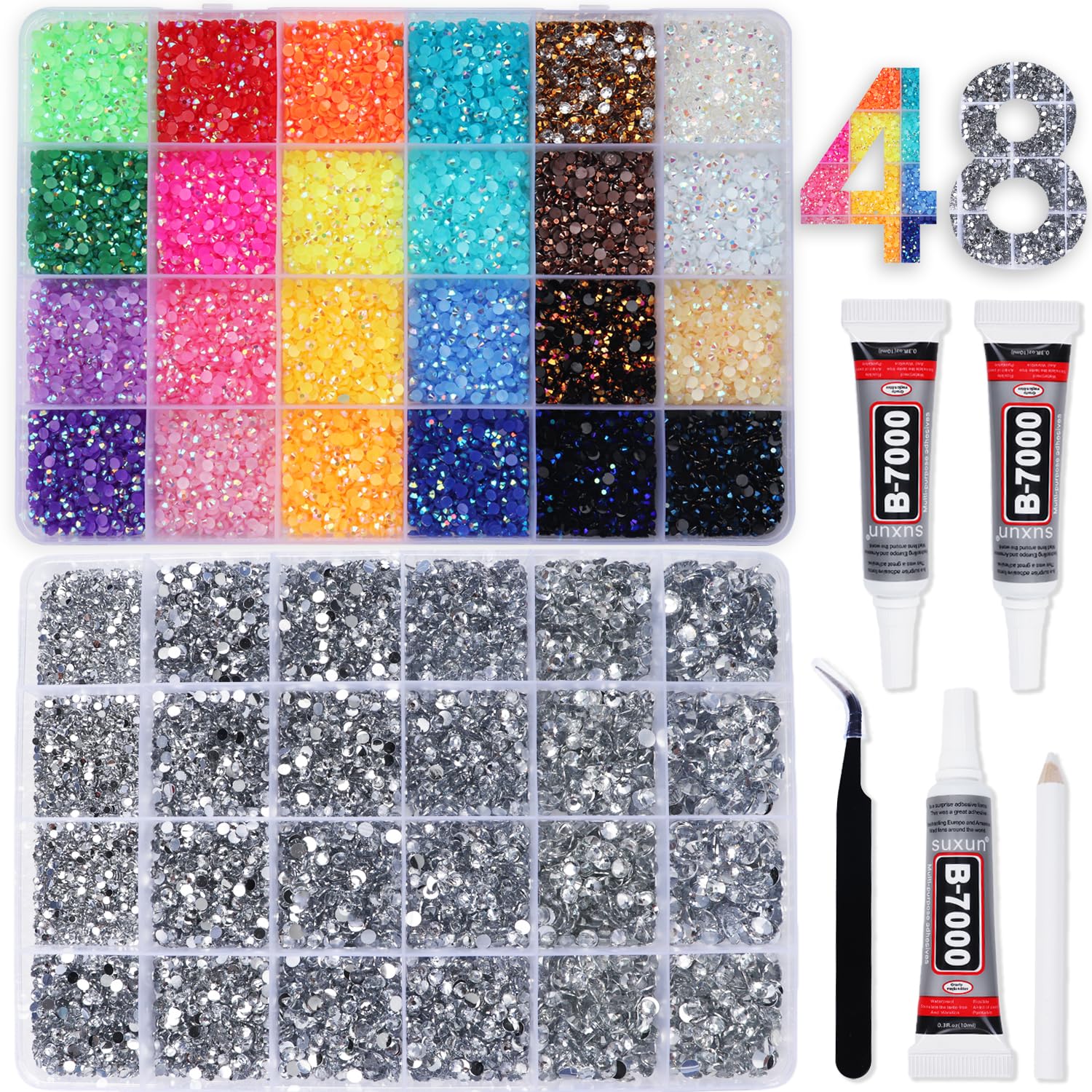 Photo 1 of 2 Boxes Rhinestones for Bedazzling Kits, Multicolor 3mm & Silver Clear 2/3/4/5/6mm Resin Flatback Gems for Diamond Art, Bedazzler Kit with 3Pcs 10ml B7000 Jewelry Glue for DIY Crafting Crafts Decor