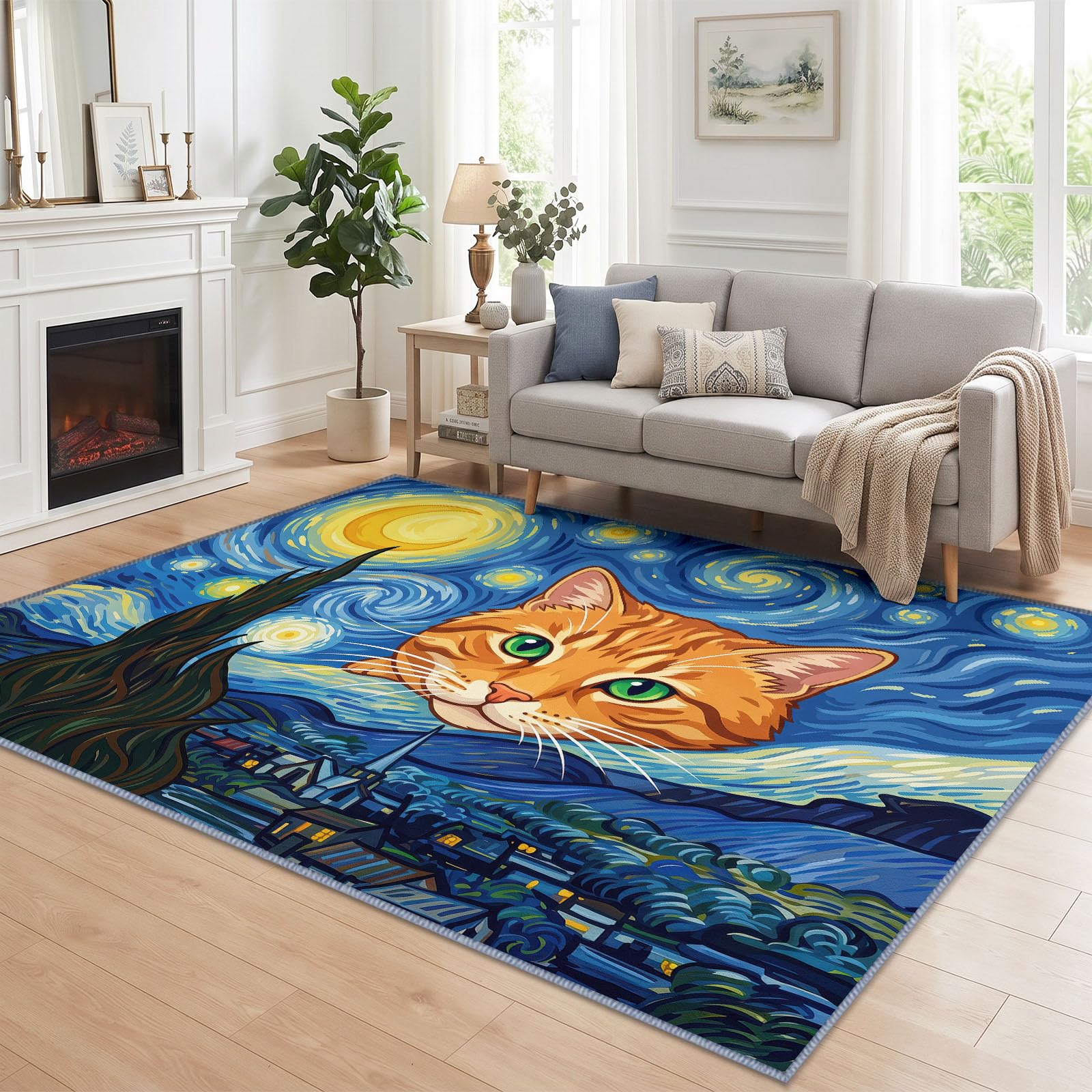 Tapis de Salon Lavable en Machine 160 x 230 cm, Peinture À L'Huile Animaux Chat Ciel Étoilé Tapis Chambre, Antidérapant, Poils Courts, Douce, Adapté à L'aspirateur pour Entree Interieur, Couloir, Bleu