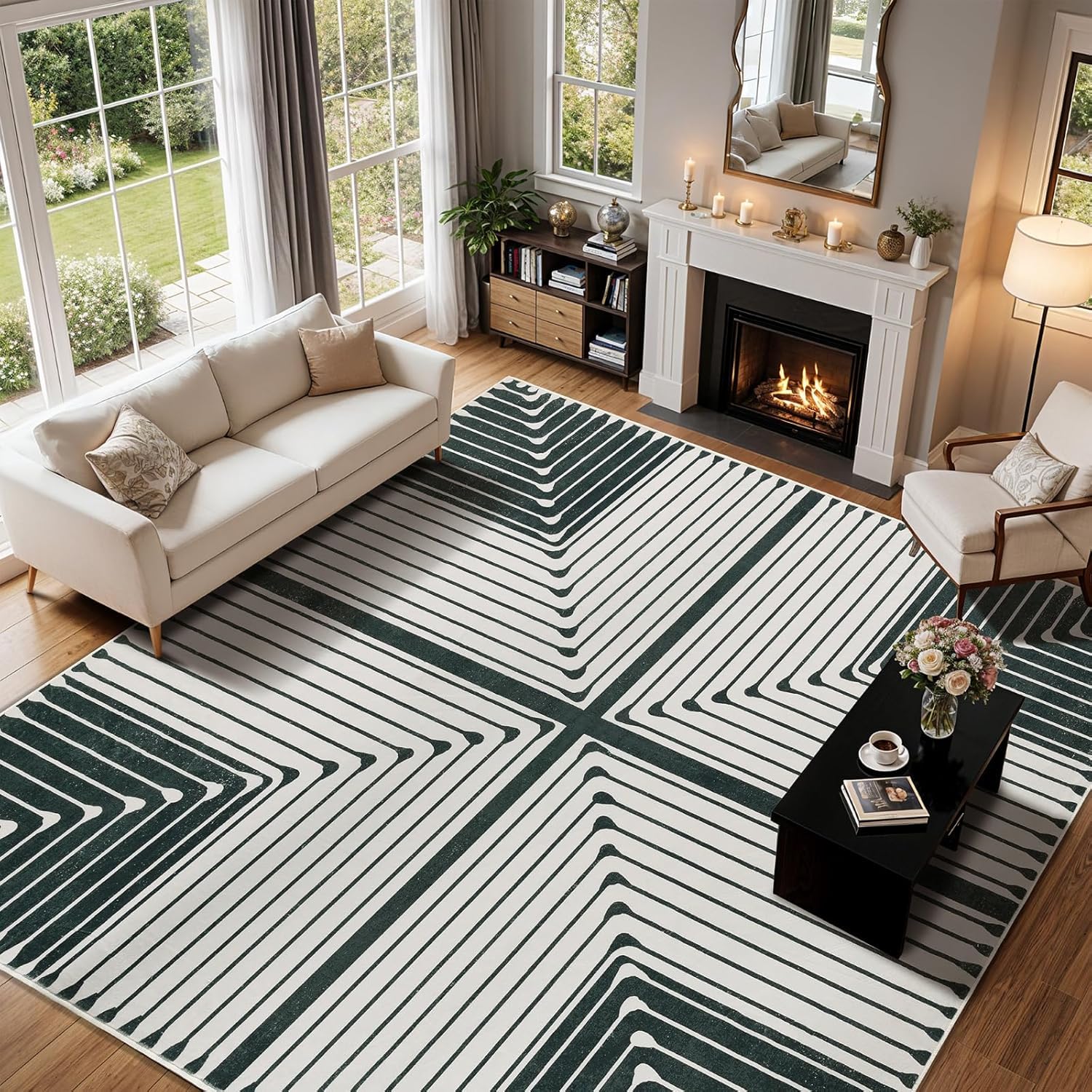 Tappeto Salotto Grandi 160 x 230 cm Tappeto Corridoio Antiscivolo Morbido Pelo Corto Tappeti per cucina Pranzo Soggiorno Camera da Letto Modern Geometric White Green Beige Gray