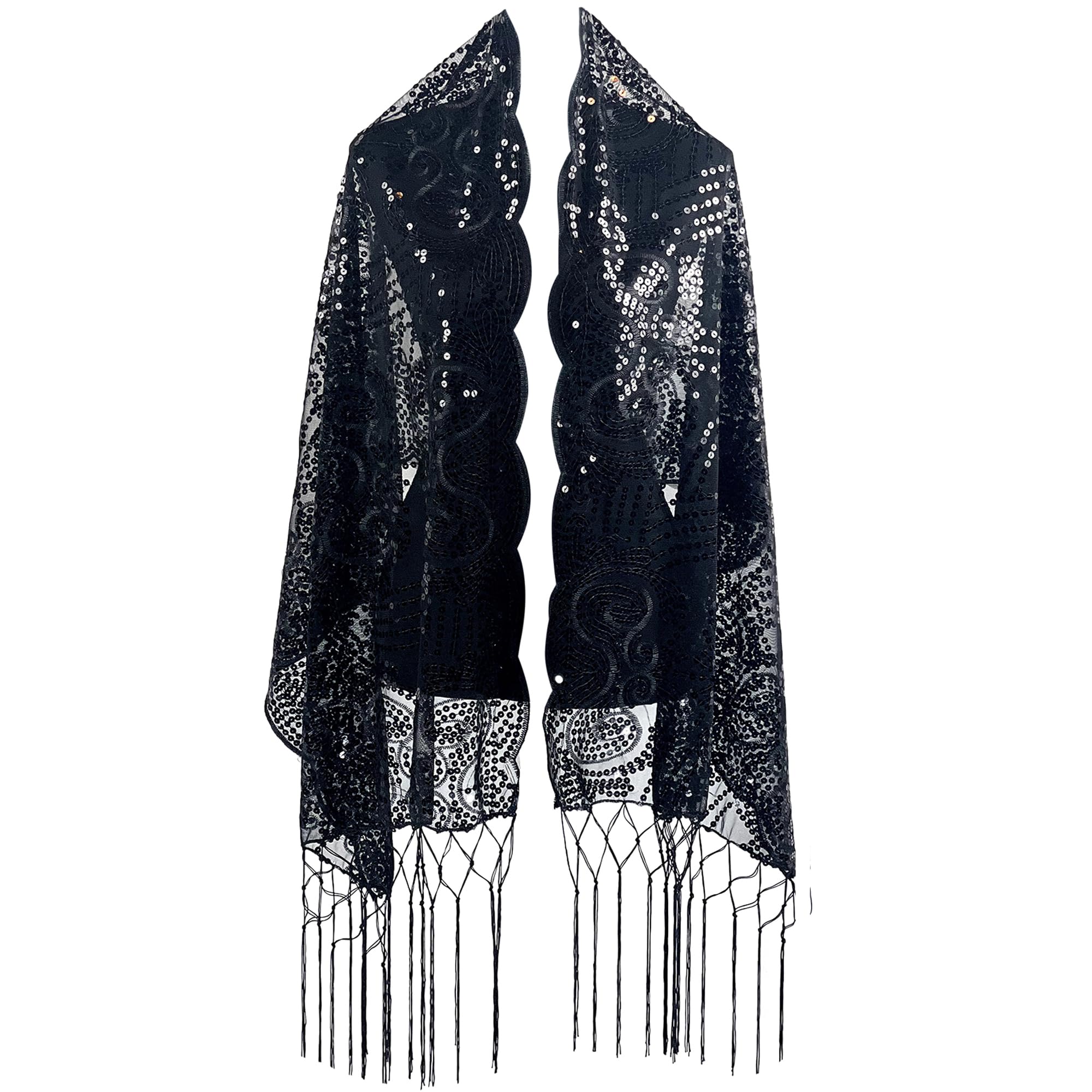 ARTMASK.USCharming Floral Sequin Sheer Lace Shawl, Scarf, Wedding Cape Evening Scarf Tassels Shawl Sparkle Floral Sequin Wrap