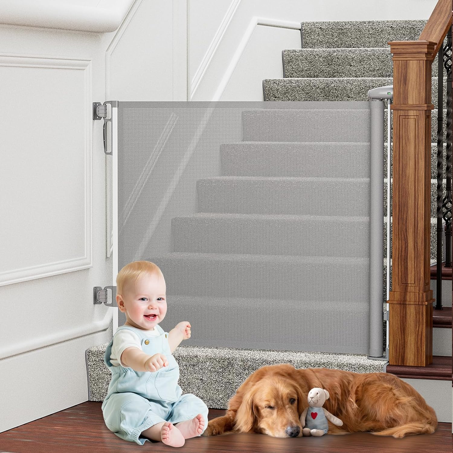 Retractable Baby Gates Extra Wide, PRObebi Retractable Dog Gate for The House Extends to 54" Wide 34" Tall, Gates for Baby Indoor, Stair Gate for Outdoor, Staris, Hallways, Doorways, Deck, Porch C-grey 34" Tall x 54" Wide