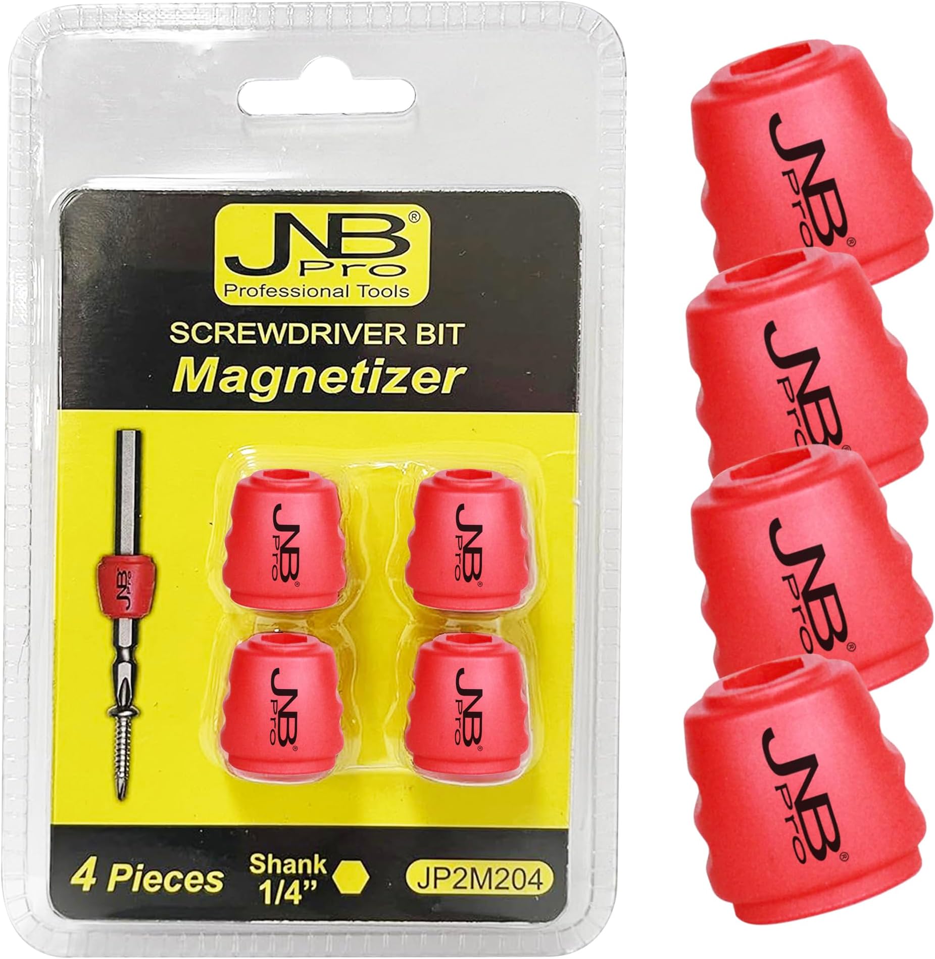 JNB Pro 4 Pcs Screwdriver Head Magnetic Ring - Removable Magnet Hex 1/4 Inch 6.35 mm Universal Magnetic Screw Ring Bit - Magnetizer Ring for Woodworking, Carpentry, Metalworking, DIY Building Projects