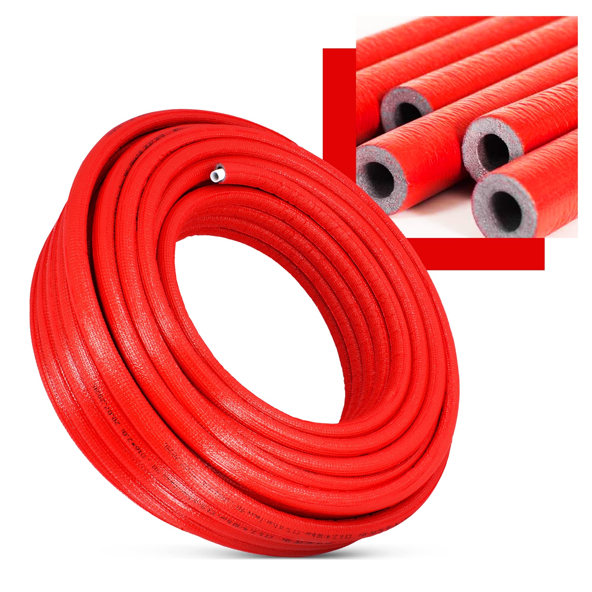 Tubo preisolato PEX/AL/PEX con rivestimento in polietilene, resistente, durevole, 16 x 2 mm, rosso, 50 m, per sistemi di riscaldamento e fornitura idrica