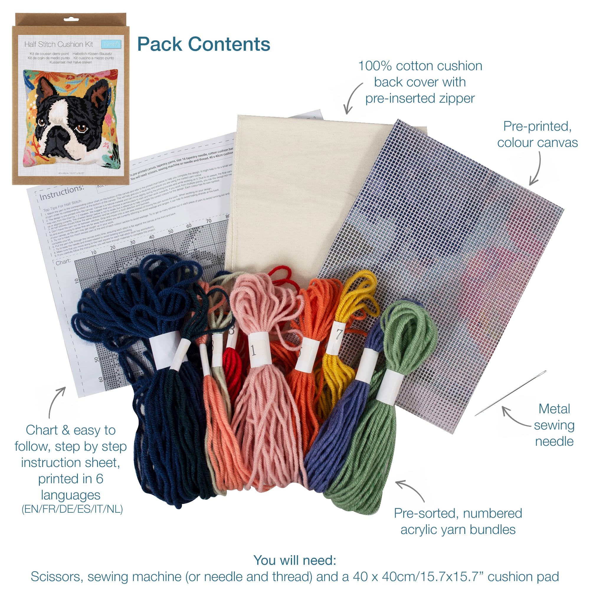 Trimits Kit per cuscino a mezzo punto croce, retro del cuscino incluso, tela prestampata, filati e ago inclusi, 40 x 40 cm, motivo: cane