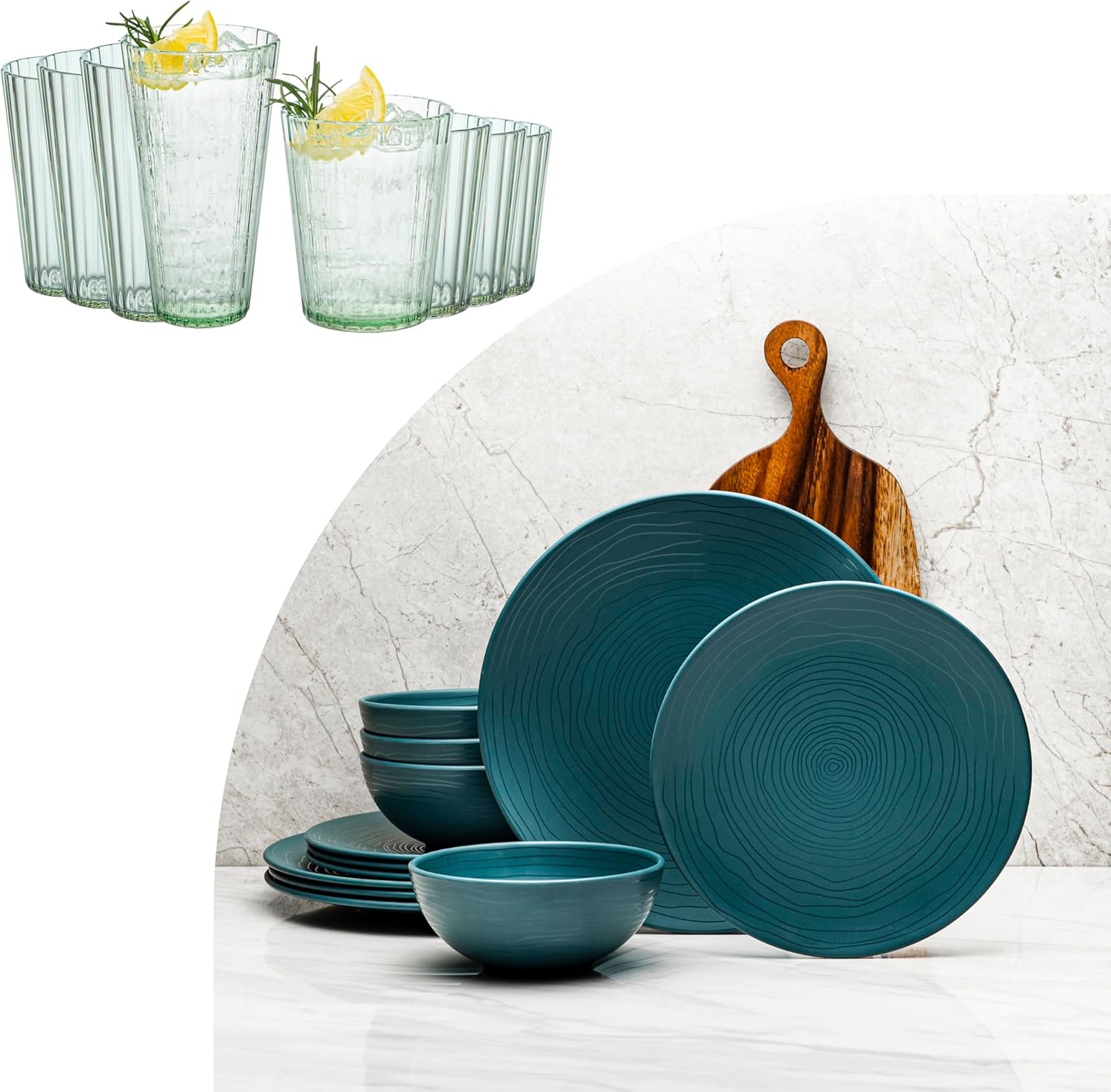 bzyoo ChillClassic BPA-Free Tumbler and Highball Cup Set, 4x13oz Tumblers & 4x18oz Highball Cups&Bzyoo 12 Piece Melamine Dinnerware Set - Durable, Dishwasher Safe Plates and Bowls