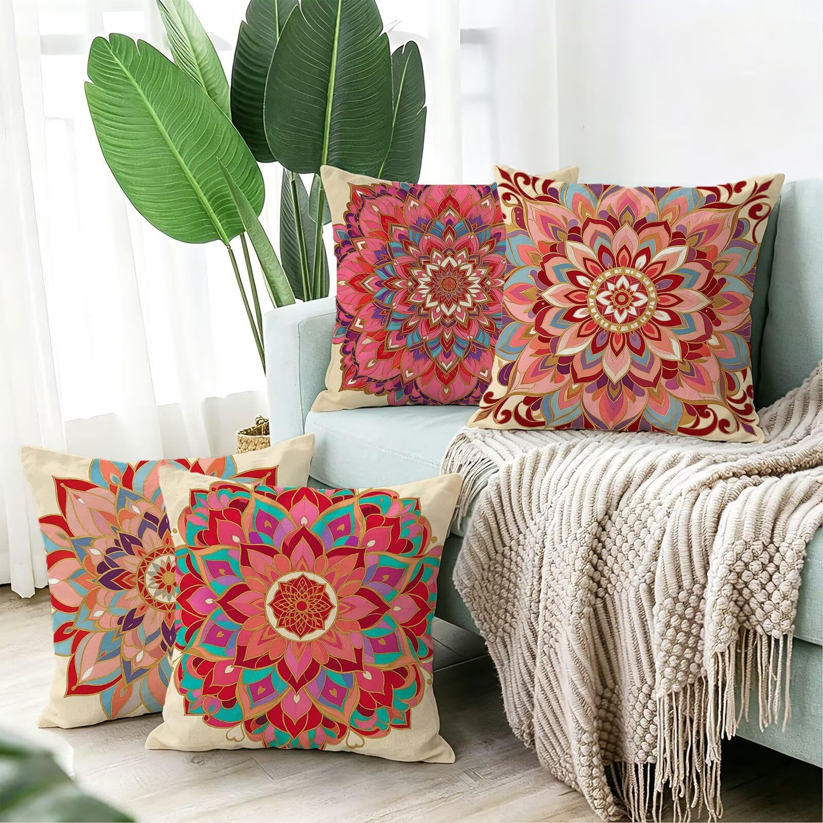 Coussin Exterieur Impermeable Rose, Taie Oreiller 45x45 Set de 4, Cod-3394