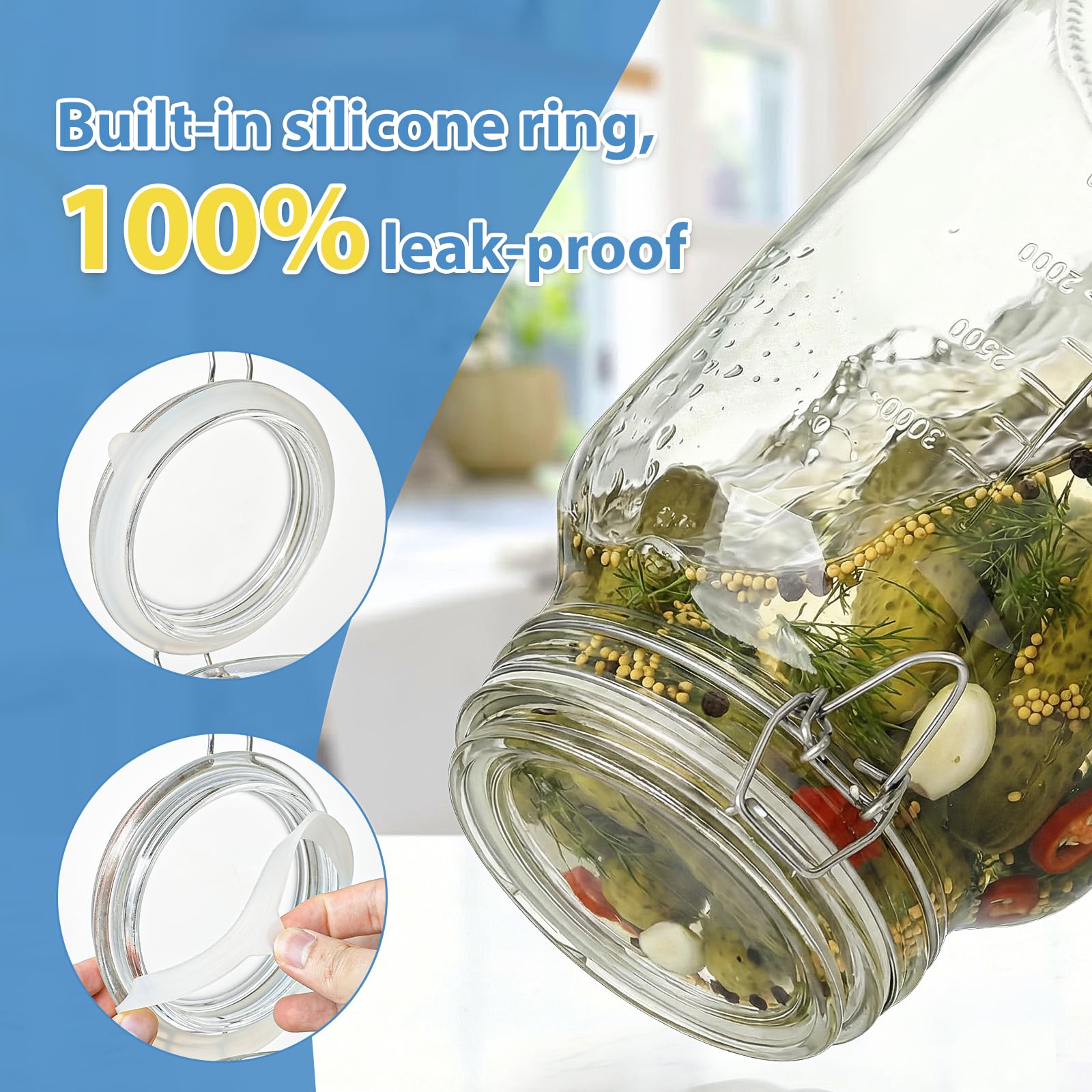 Sovietiep Lot de 2 bocaux de rangement en verre à large ouverture de 3,8 l avec couvercles hermétiques et marques de mesure, récipient en verre antifuite avec couvercles à charnière, grands bocaux à