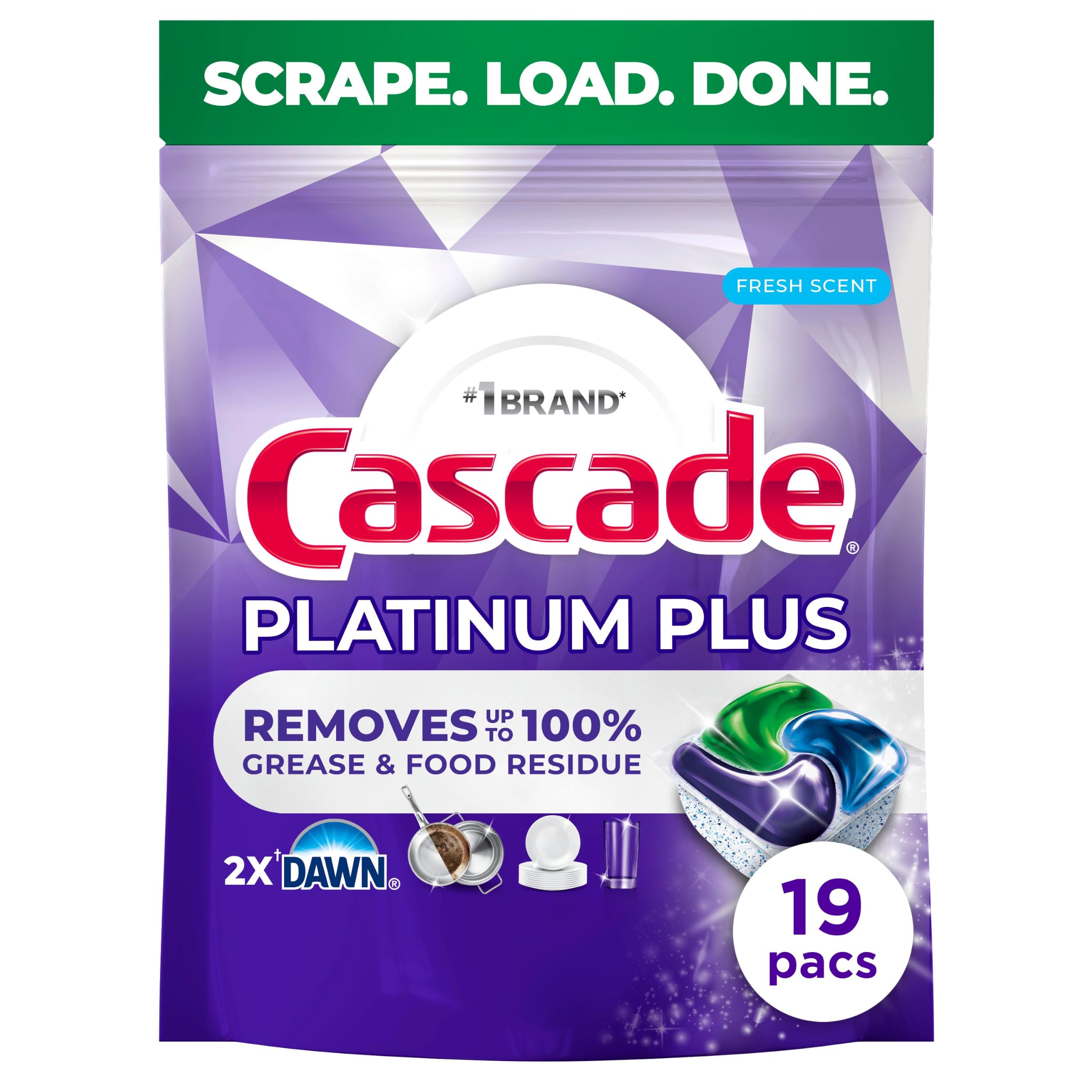 Cascade Platinum Plus Dishwasher Pods, Dishwasher Detergent, Dish Detergent Soap, Fresh, 19 Count