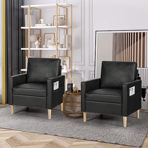 Miniatura 9 de AILEEKISS Sillón moderno de cuero sintético para sala de estar, oficina, sillón con patas de madera maciza para espacios pequeños (1, negro)
