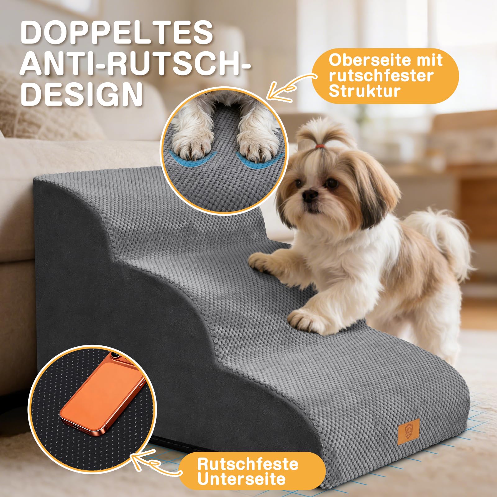 Zvonema Hundetreppe, wasserdichte Hundetreppe 40cm Hoch, rutschfeste 3 Stufen Treppe für Hunde, Verletzungsprophylaxe Hochwertige Schwamm Katzentreppe, Waschbar Hunderampe für Sofa Bett