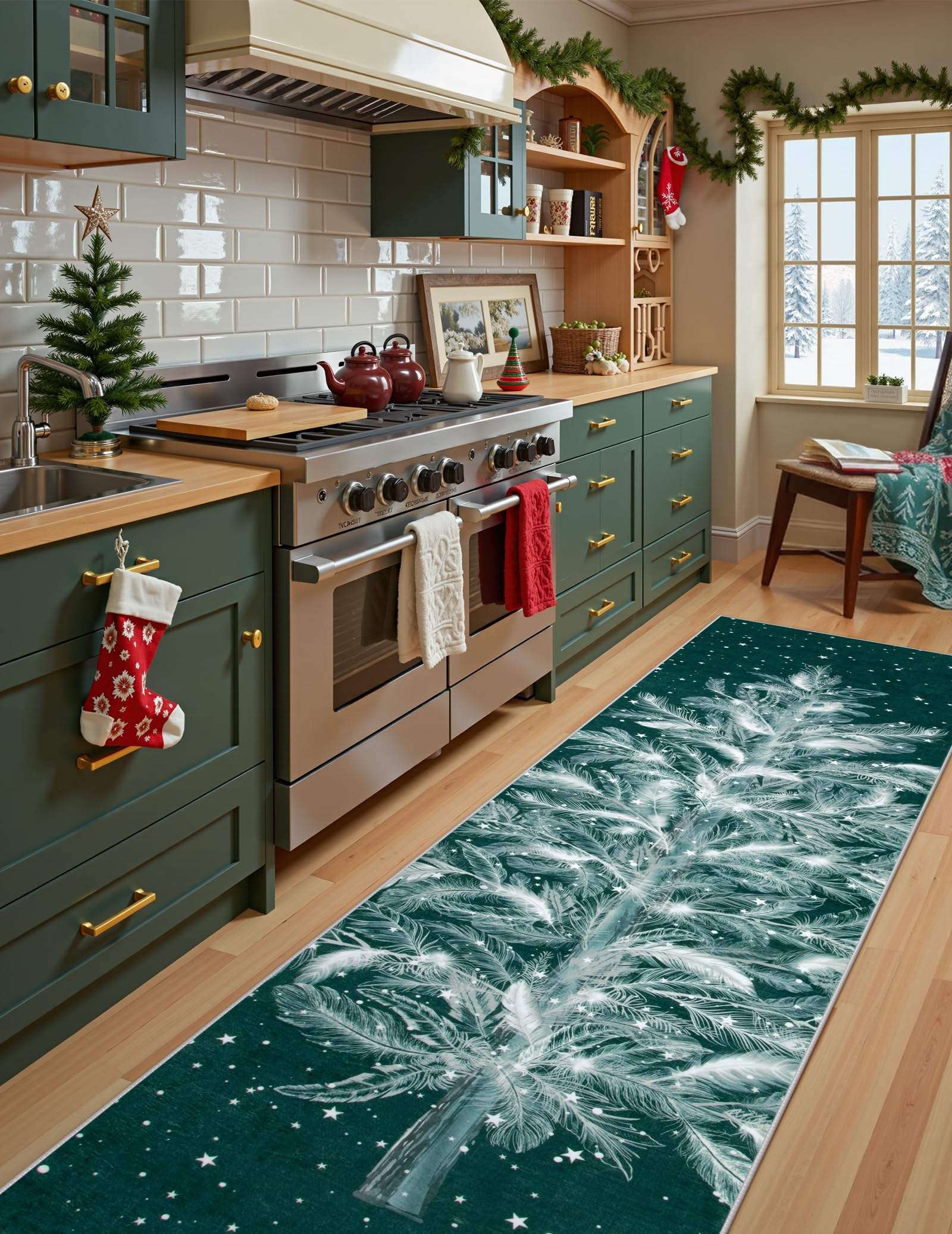 Lahome Christmas Green 2x6 Rug, Non-Slip Hallway Indoor Washable Stain Resistant Kitchen Rug, Christmas Tree Print Holiday Decor Ultra Thin for Bedroom Entryway 2' x 6' (Rectangular) Green