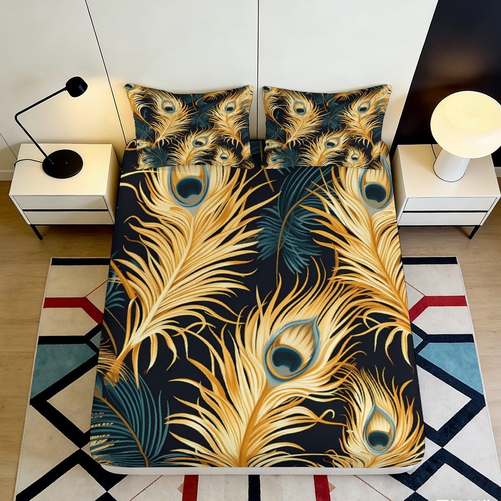 3D Printed Peacock Feather Fitted Sheet Microfiber Non-slip Mattress Cover for Bedroom Dorm Decor Easy Care 120x200cm 90x200x25cm