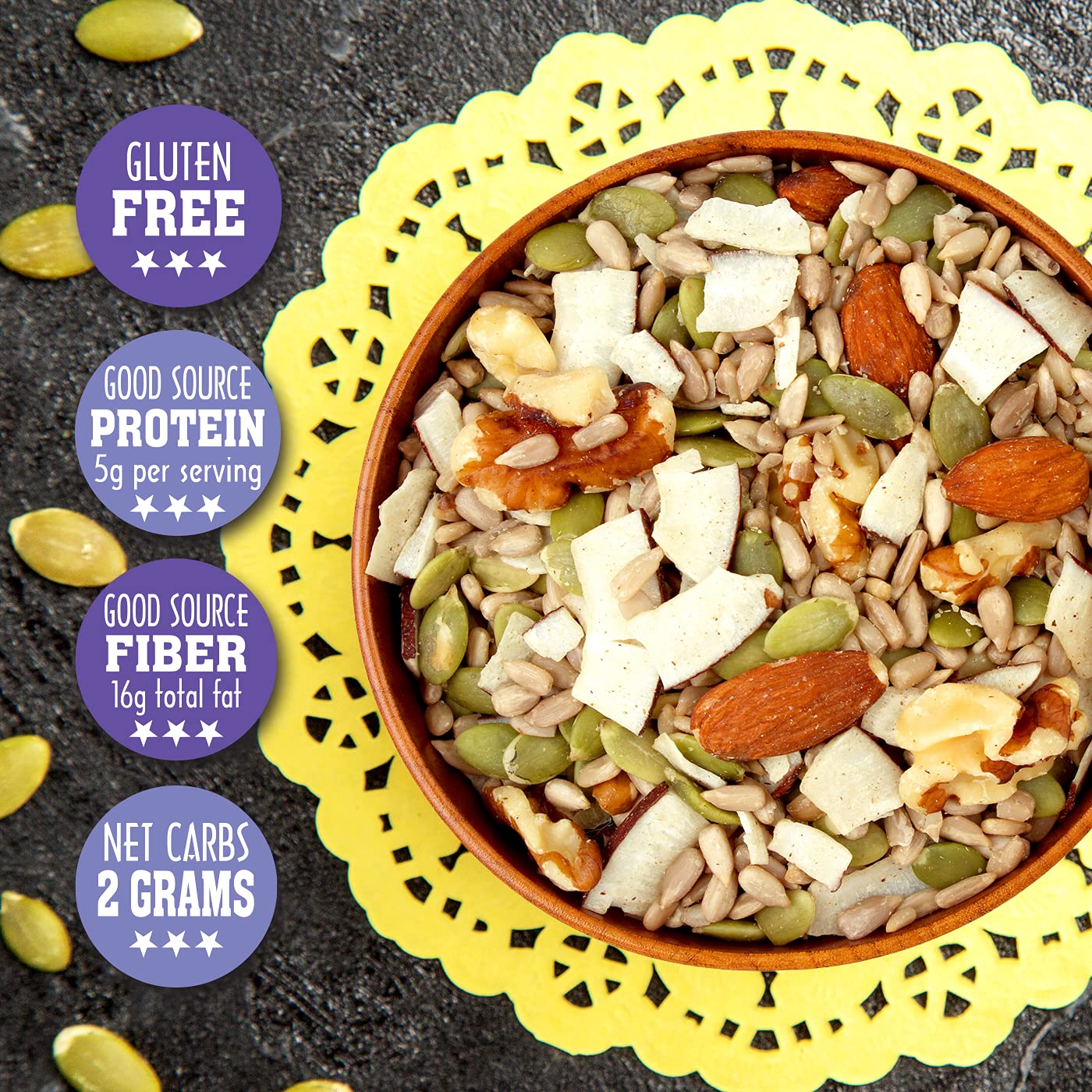 Sunkist® Keto Living Trail Mix - Fruit, Nut and Seeds, Low Sodium, Gluten Free Snack with Sunflower Seeds, Coconut, Almonds, Pumpkin Seeds, and Walnuts | Premium Quality | 13 oz Resealable Bag