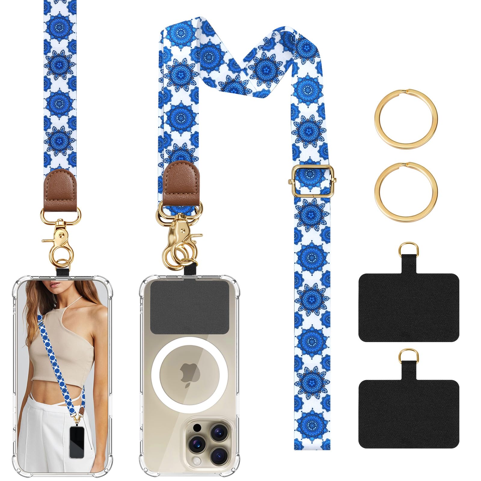 Timovo Unisex Boho Blue Phone Lanyard Crossbody Wrist Strap, Adjustable Anti-Theft Strap For All Smartphone Case, Universal Cell Phone Neck Lanyard For Women And Men,