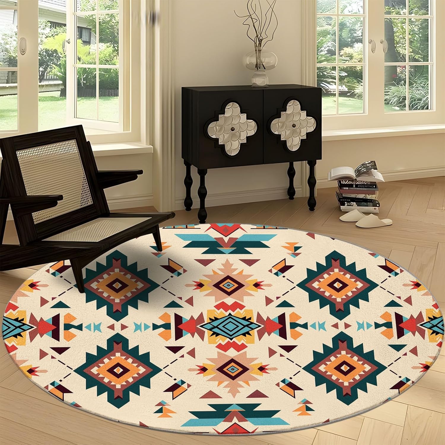 2' x 2' Round Area Rugs Machine Washable, Vintage Geometric Pattern Rug Soft Indoor Carpet, Traditional Style Low Pile Rugs, for Living Room Bedroom Dining Room Decor Round Rug
