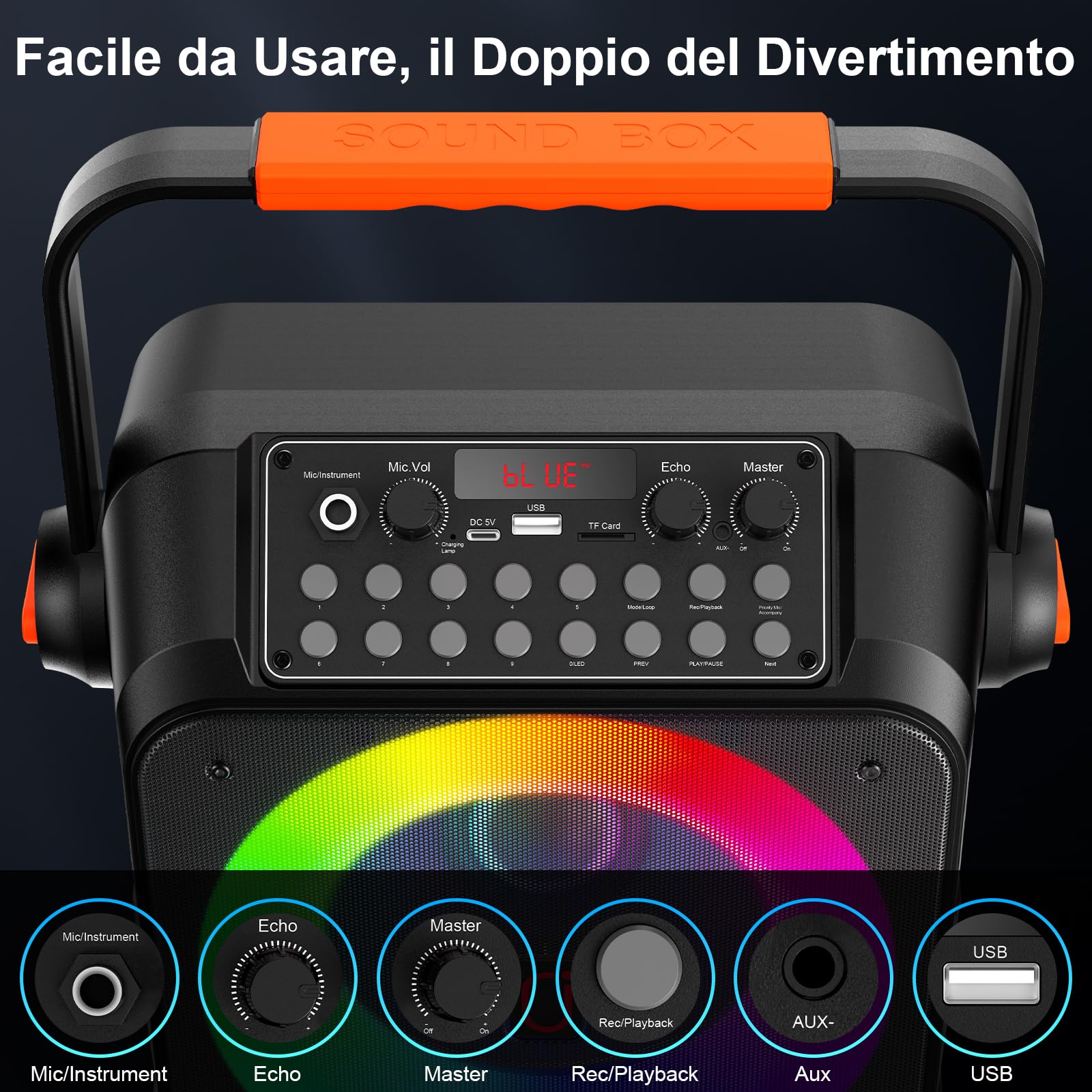HWWR Karaoke con 2 Microfono,120W Cassa Bluetooth 5.3 Portatile con luci LED, Sistema PA Correzione Tono e Controllo eco, Canta tu Karaoke 2026 per Adulti Bambini