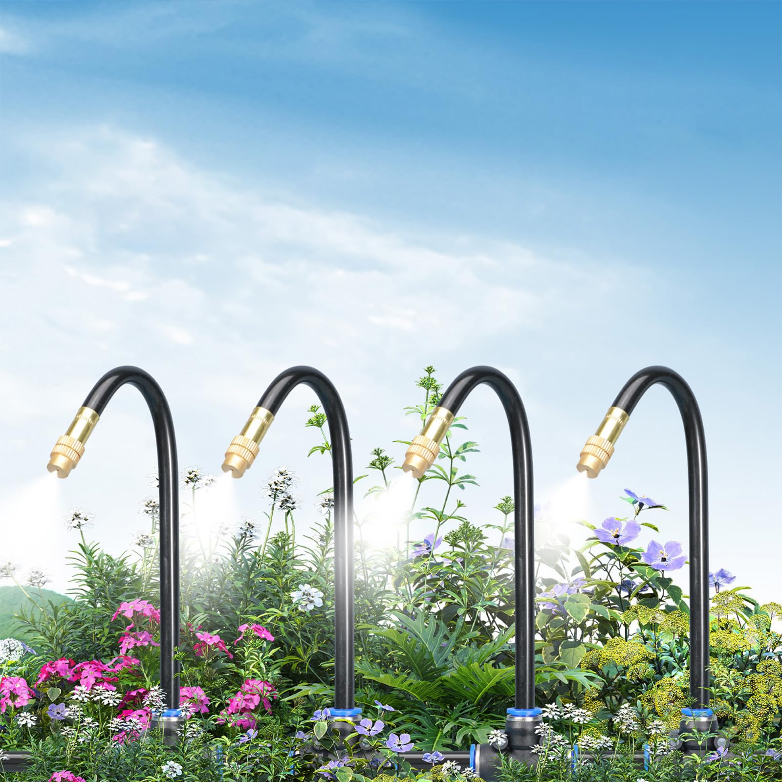 Conjunto de riego de plantas con divisor de grifo, tubos de salida de ramas y cobertura de cama de flores para el hogar, jardín, balcón, diseño de riego de plantas, línea de riego, cuidado de patio