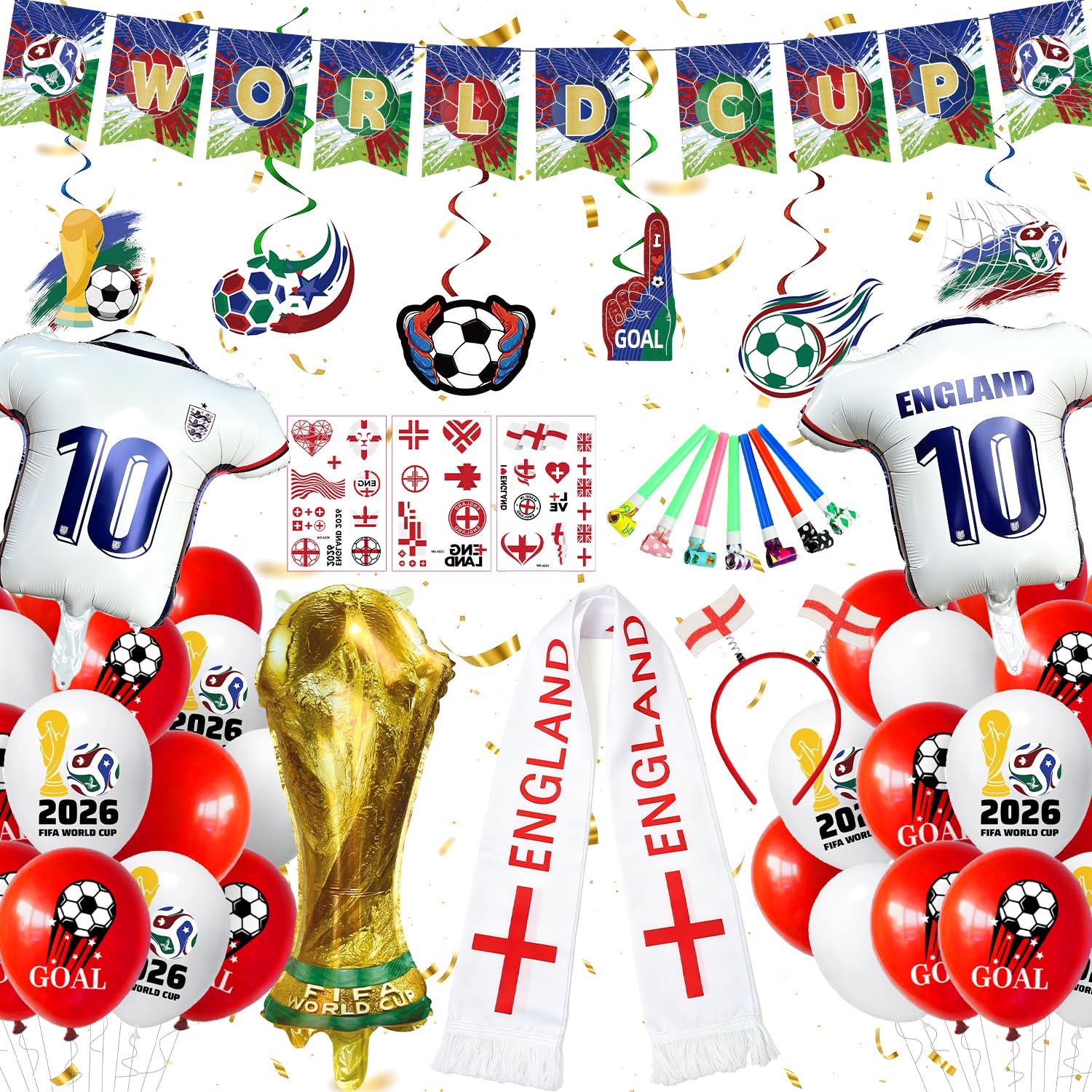 YEJIKJ World Cup Football 2026 Party Decorations, England Football Scarf, Gold Championship Shape Balloon for Match Bar Club Garden Street Decor