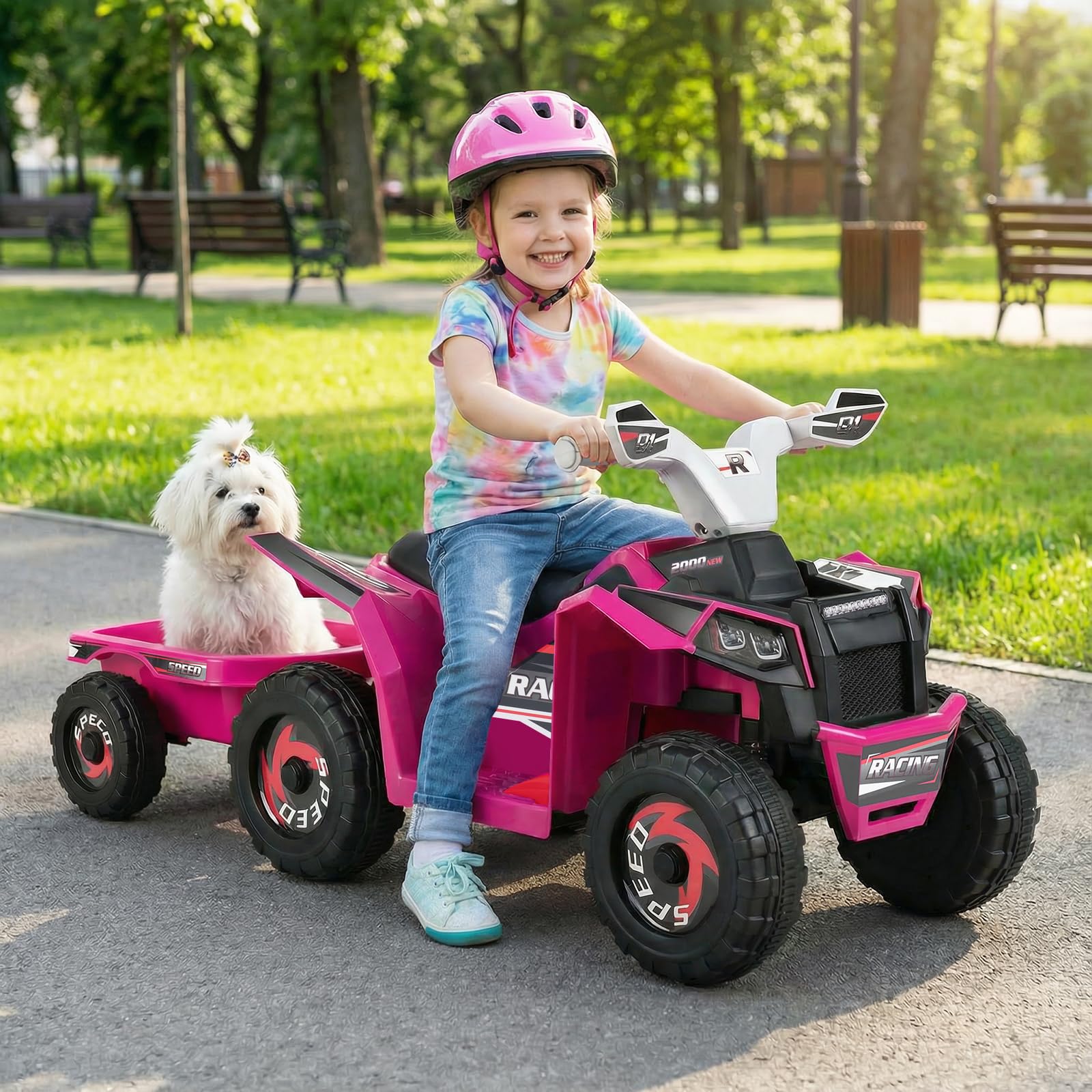 GOPLUS Quad ATV Electriques Enfants, Voiture Électrique Enfants 6V avec Remorque Arrière Amovible, Roues Résistantes à l'Usurel, pour Tout-Petits Garçons 3 Ans+, 2-3 km/h,Charge 30KG