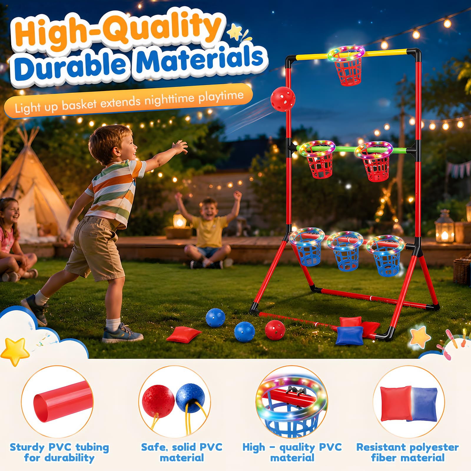 Jeux Jardin, Garden Pong 3-en-1 avec 6 Paniers Lumineux 6 Balles Garden Pong 6 Sacs Lancer Jeu Lancer Jeu Sportif pour Intérieur et Extérieur pour Les Réunions Famille