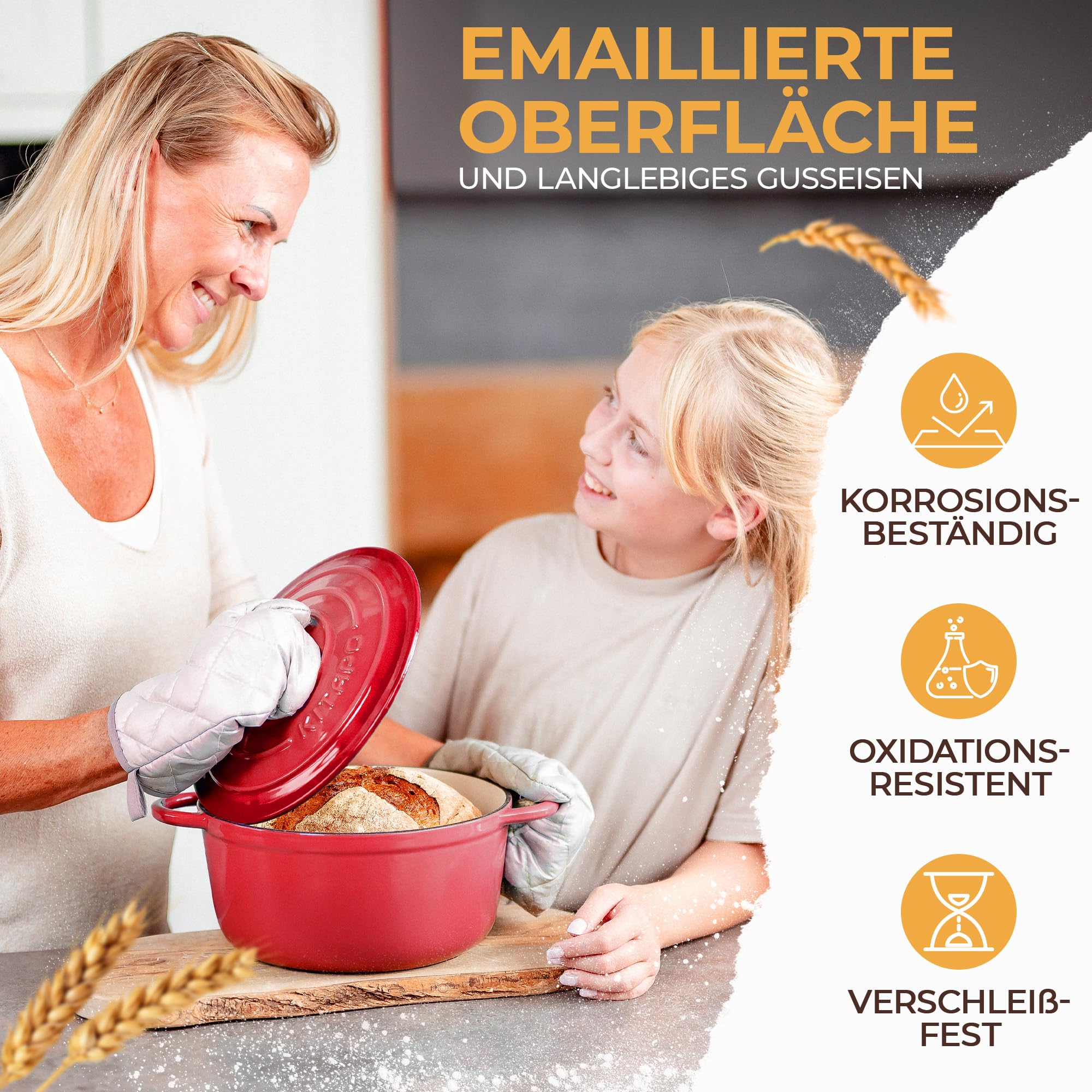 Pentola in ghisa [incl. cestino per la lievitazione + panno per impasto] – Pentola smaltata di alta qualità 24 cm – ideale per cuocere il pane in ghisa – pentola per pane in ghisa – accessorio