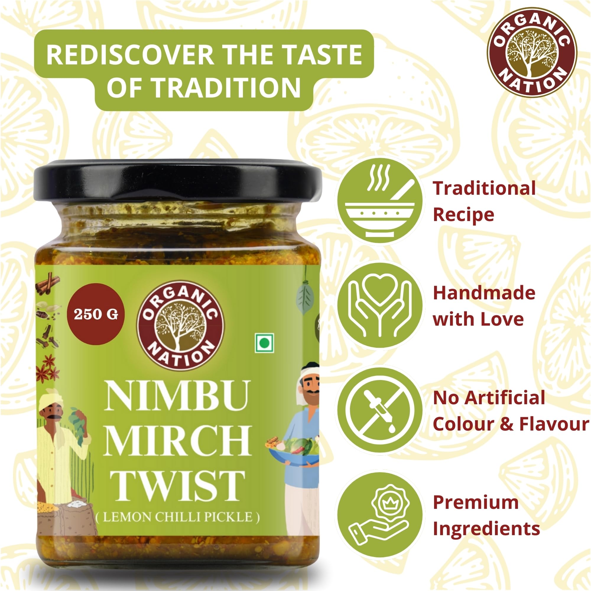 ORGANIC NATION Zesty Nimbu Mirch Twist Lemon Chilli Pickle, Authentic Indian Achaar, Lemon Green Chilli Pickle, Tangy & Spicy Delight, 250g Jar, Perfect for Enhancing Meals, Vibrant Green Color 2
