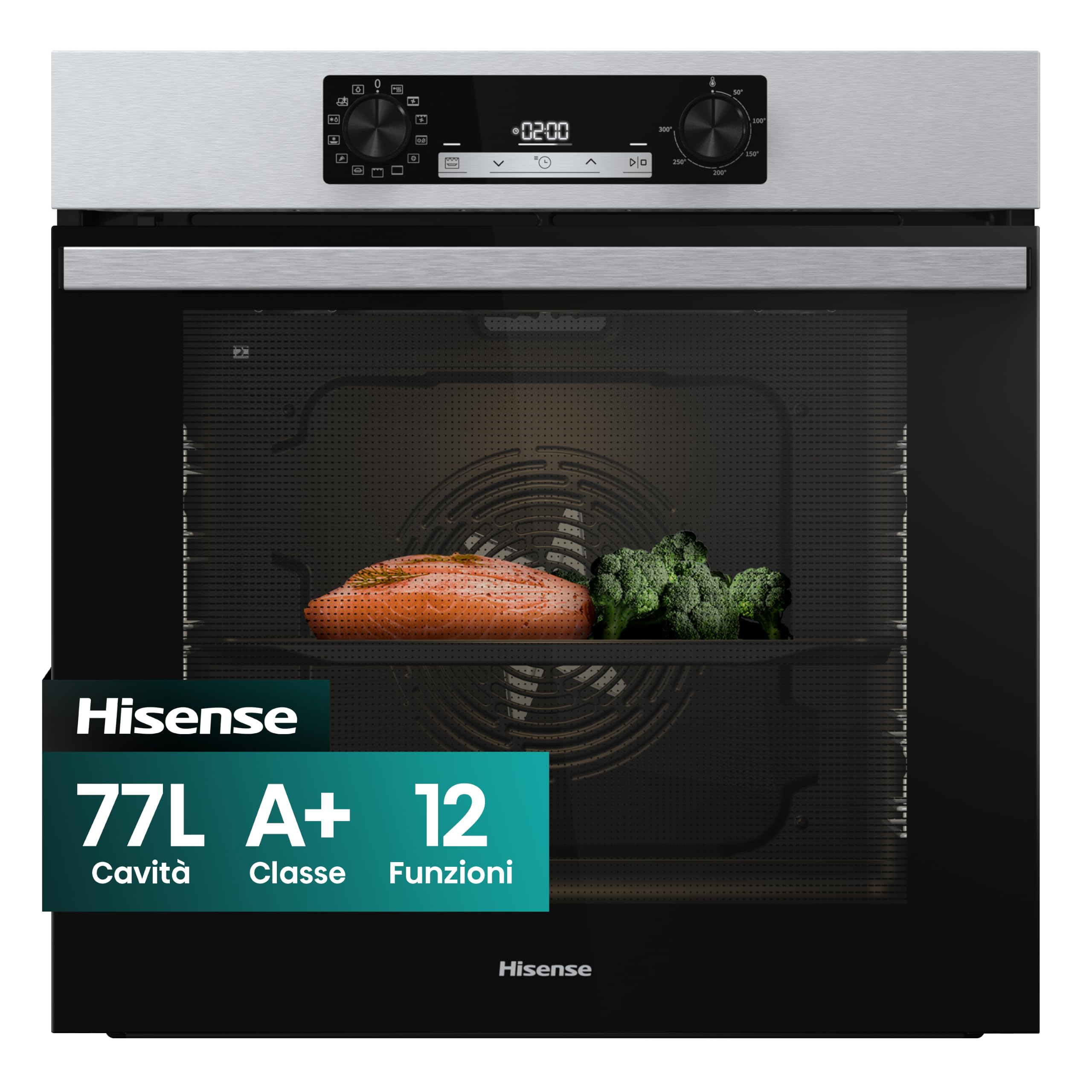 Hisense OP64211EX NUOVO Forno da Incasso Multifunzione 73 litri, Termoventilato, 3 vetri, Pulizia Pirolitica, 13 Funzioni, Pizza 300°C, AirFry, Display Touch, Guide Telescopiche, Inox con Vetro Nero