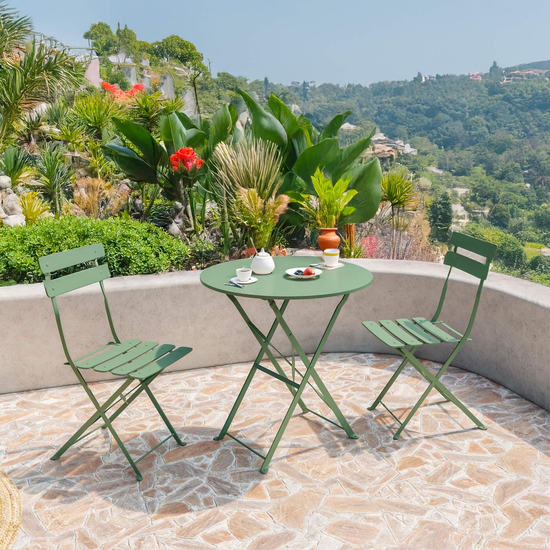 Rebecca Mobili Ensemble Bistro Pliable, Table avec 2 Chaises, Vert, Acier, Gain de Place, Convient pour Balcon Véranda - Dimensions HxLxP : 71 x 60 x 60 cm - Art. RE7163
