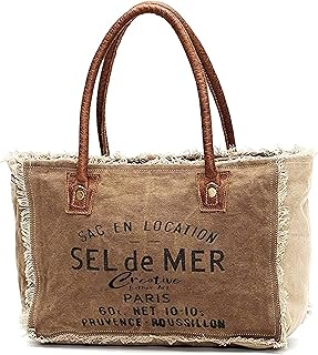 CREATIVE LEATHER ART Sel de Mer Canvas Tote Bag for Women with Leather Handles, Shoulder Bag, Casual Everyday Purse, Beach, Travel, Shopping Bag