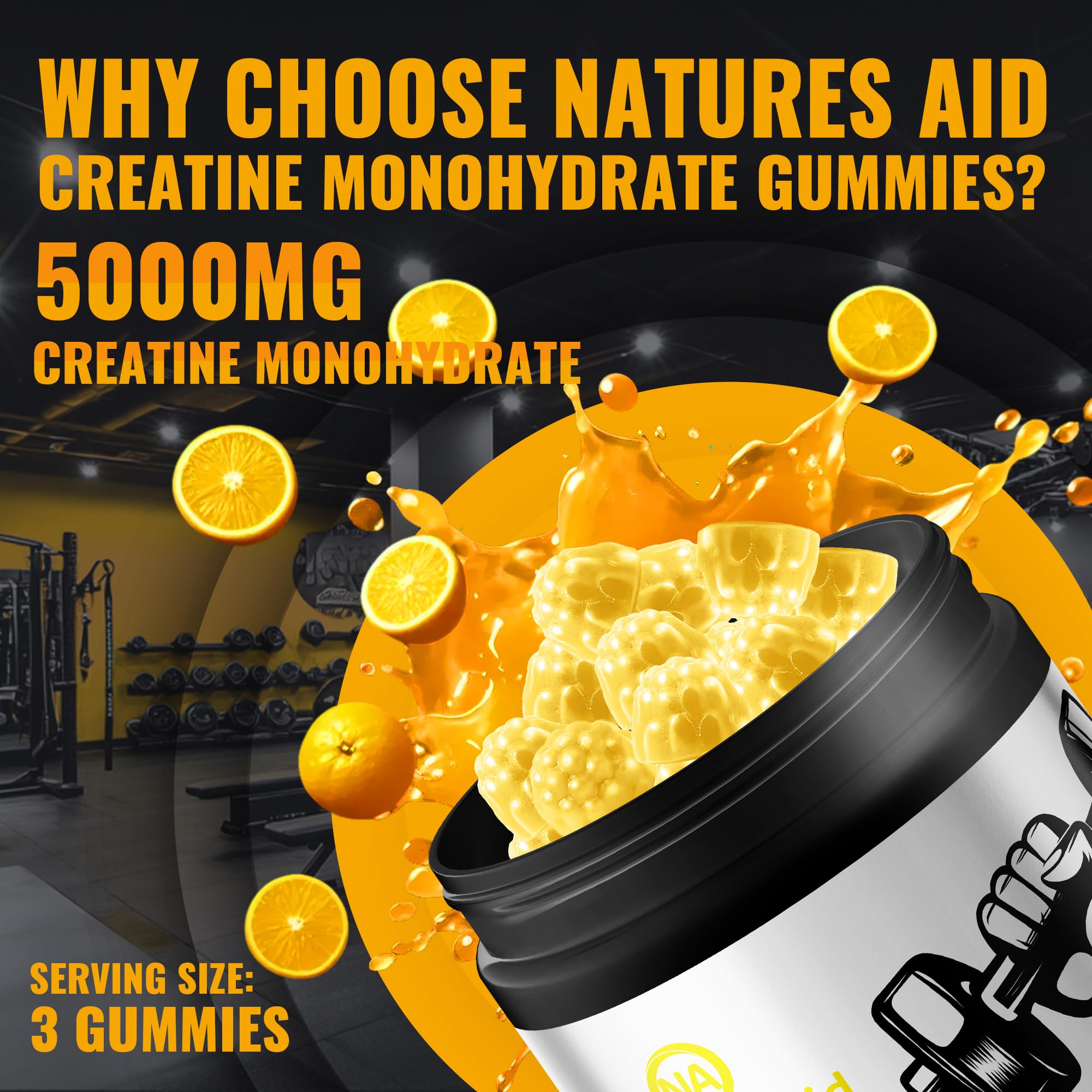 Natures Aid NSF Certified Creatine Gummy 5g - Creatine Monohydrate Gummies – Pre-Workout Energy & Muscle Growth Support for Men & Women | Orange Electrolyte Gummies (135 Count) — Amazon image 5
