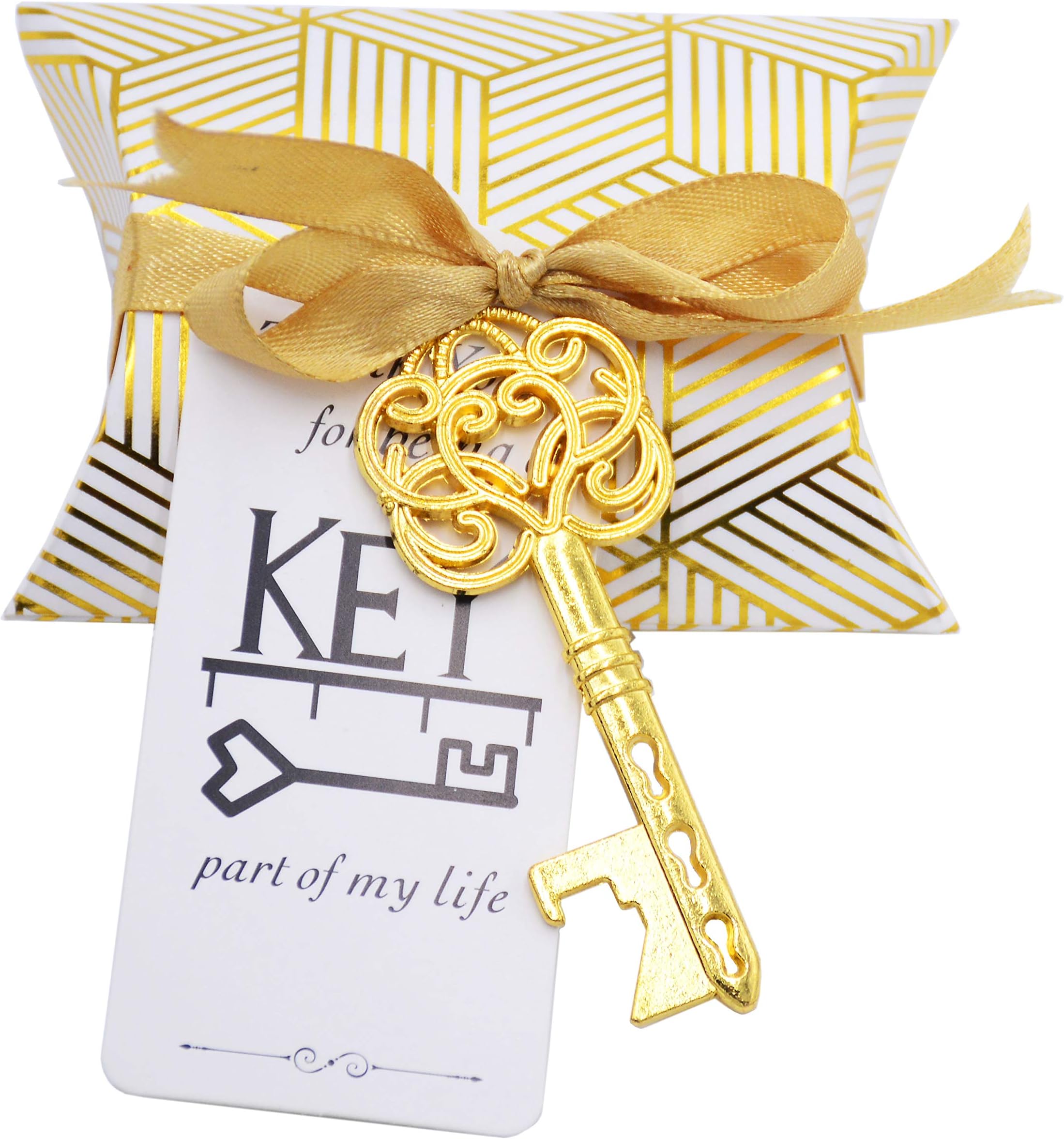 Makhry 50 Pieces Vintage Key Bottle Openers Wedding Keys Skeleton Key Bottle Opener Wedding Favours Set with Pillow Boxes and Label (Antique Gold)