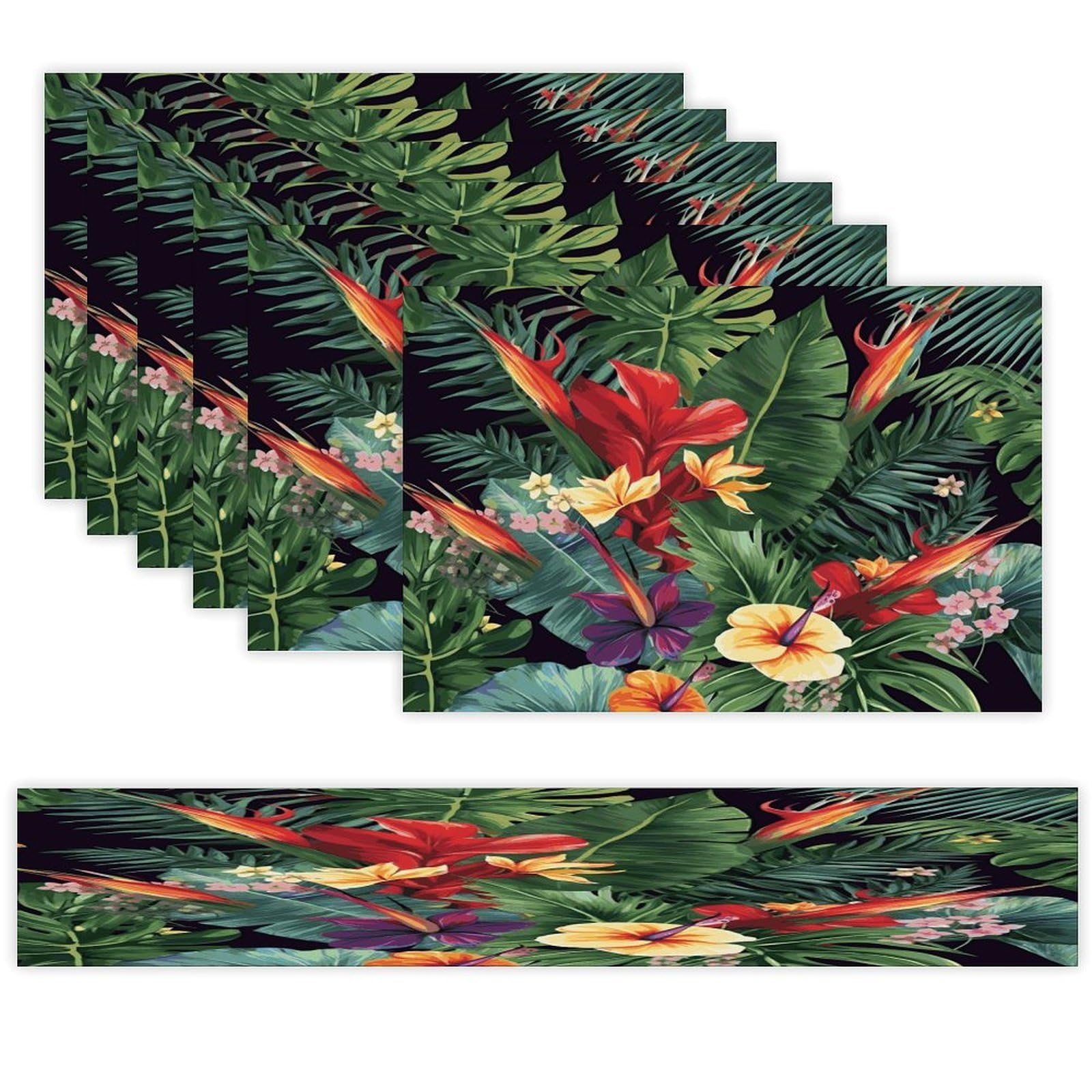 Tropical Plant Flowers Table Runner and Placemats Set of 6 Heat Resistant Table Runner Place Mats Modern Cloth Table Mat Washable Linen Placemat Festive Reusable Set