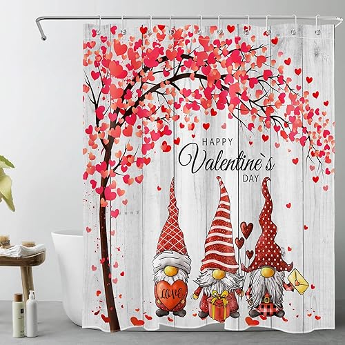 Miniatura 8 de Valentines Day Shower Curtain for Bathroom Funny Gnome and Red Heart Tree on Rustic Vintage Grey Wood Bathroom Shower Curtains with Hooks Romantic