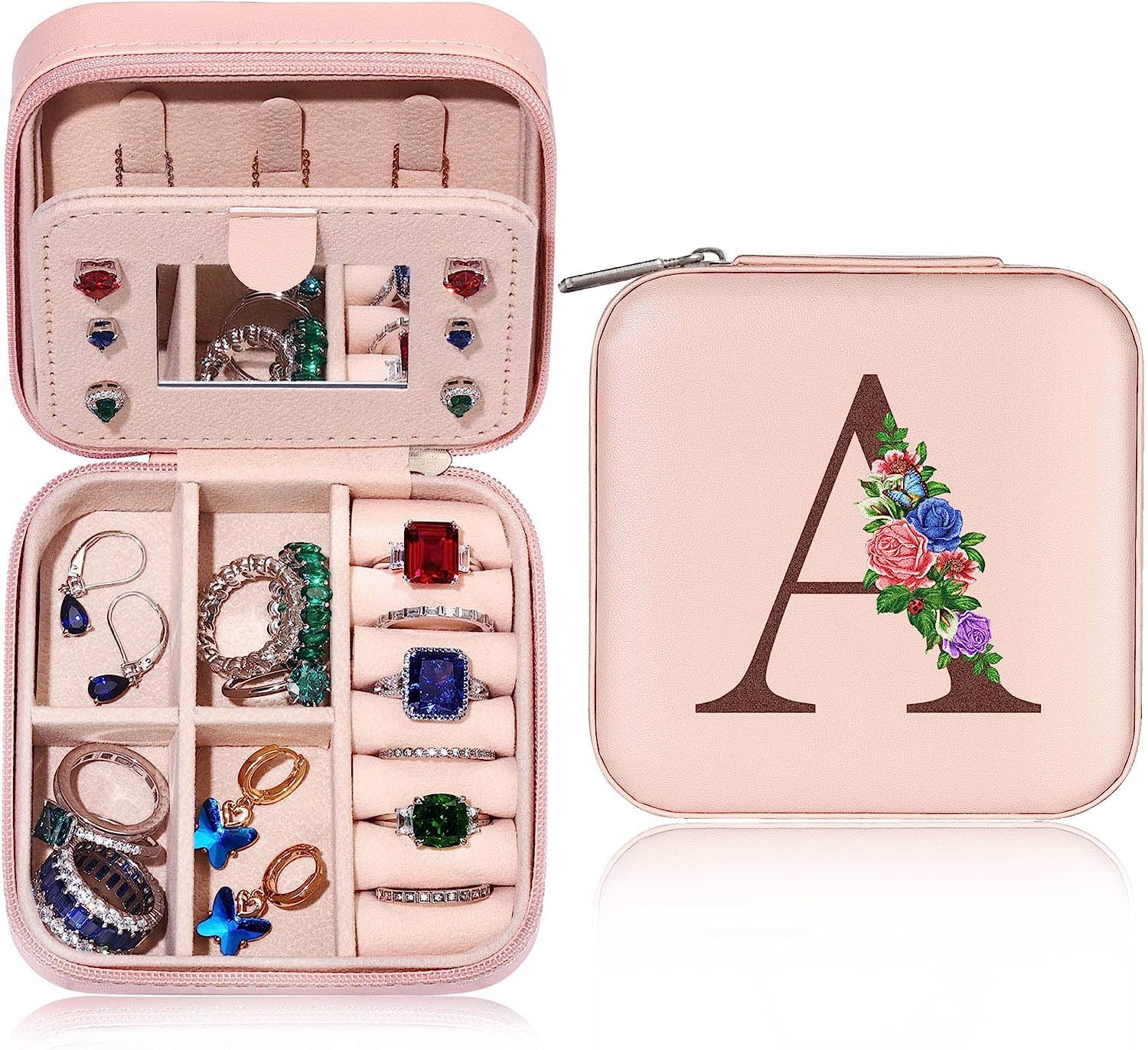 GDTOMEEUBirthday Personalized Gifts for Women Friend Sister, Small Travel Jewelry Case Jewelry Box Jewelry Organizer, Ring Necklace Earring Jewelry Holder Organizer Box with Mirror Letter (A)