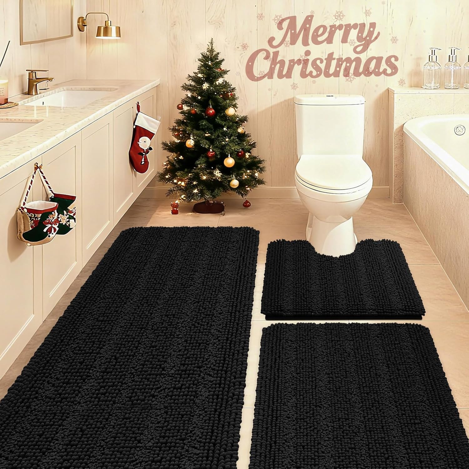 ACCUMTEK Striped Black Bathroom Rug Set 3 Pieces Ultra Soft, Non Slip Chenille Toilet Mat, Absorbent Plush Shaggy Bath Mats for Bathroom, Bedroom, Kitchen 2'8"x1'8"+2'×1'5"+U Shape 2'x1'8" Black